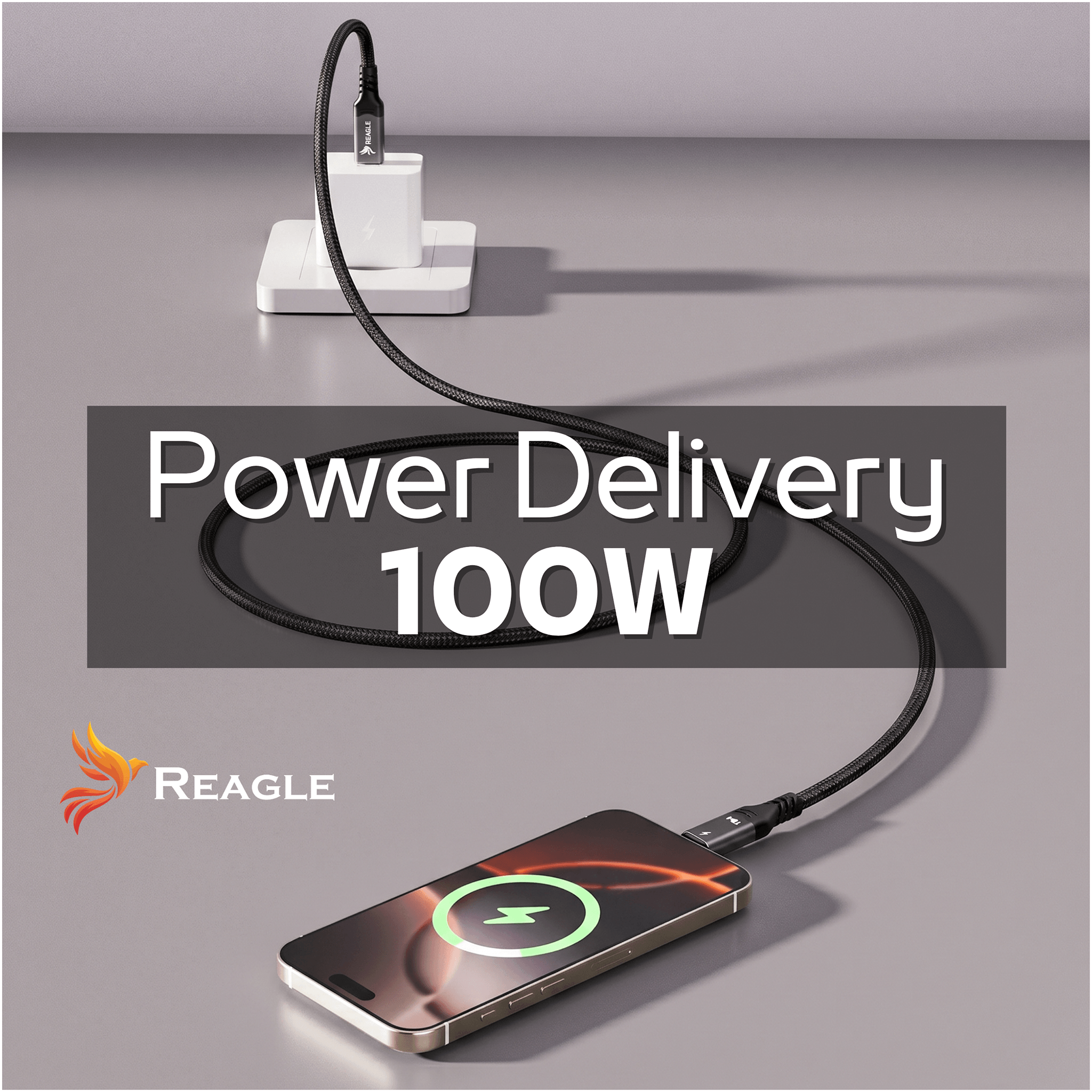 Czarny kabel USB-C ładuje iPhone z mocą 100W Power Delivery.