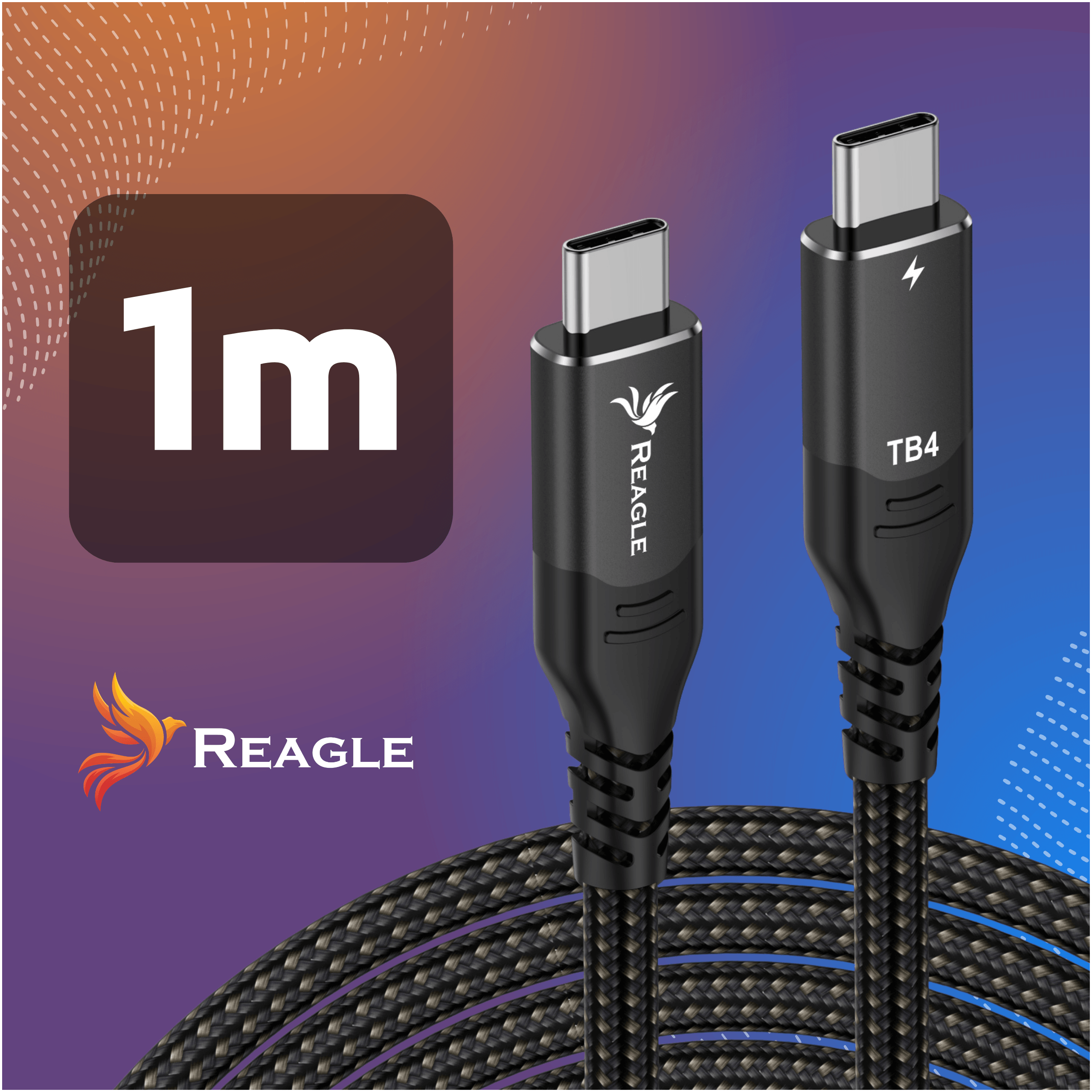 Dwa czarne kable USB-C z nadrukiem TB4 i logo Reagle.