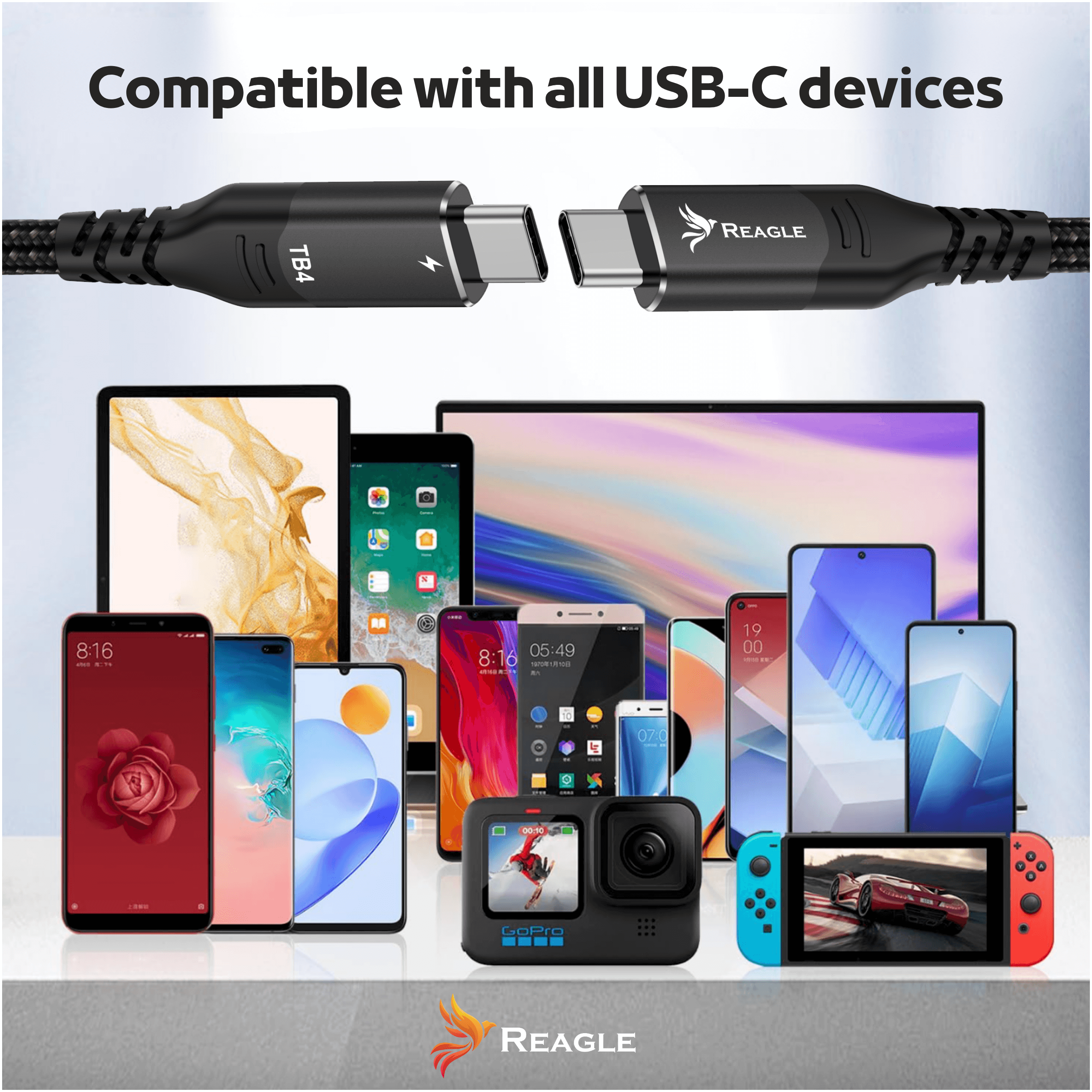 Kabel USB-C łączy urządzenia: smartfony, tablety, GoPro, Switch.