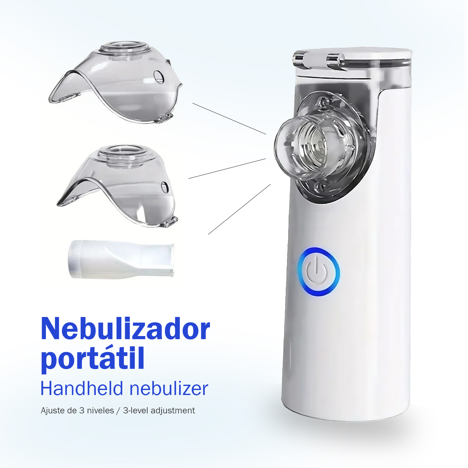 Un nebulizador portátil blanco con accesorios y botón de encendido azul.
