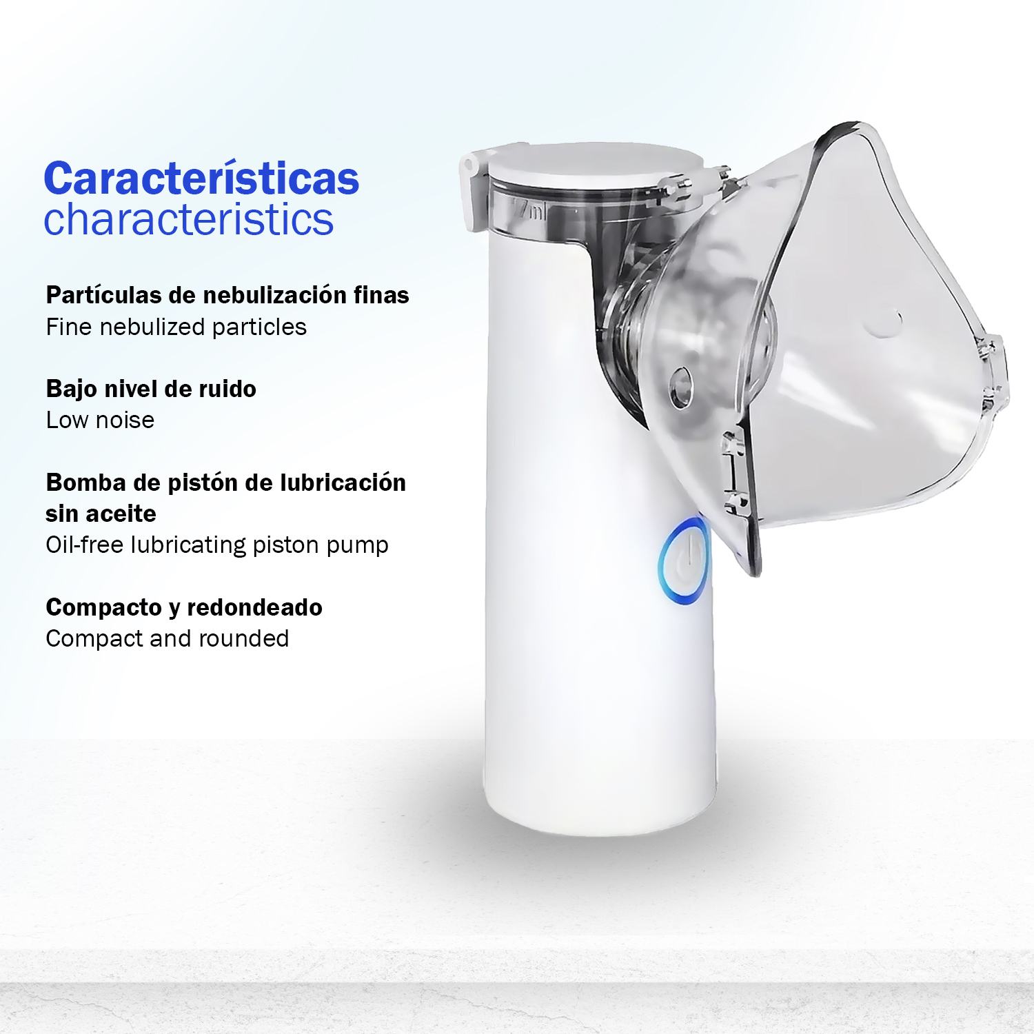 Un nebulizador blanco con mascarilla, con partículas finas, bajo ruido y pistón sin aceite.