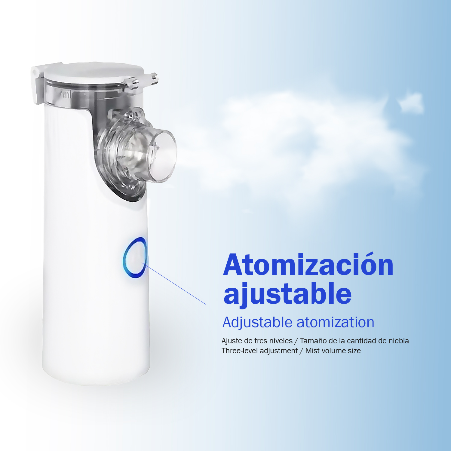 Un nebulizador blanco con cámara transparente y círculo azul sobre cielo azul con nubes.