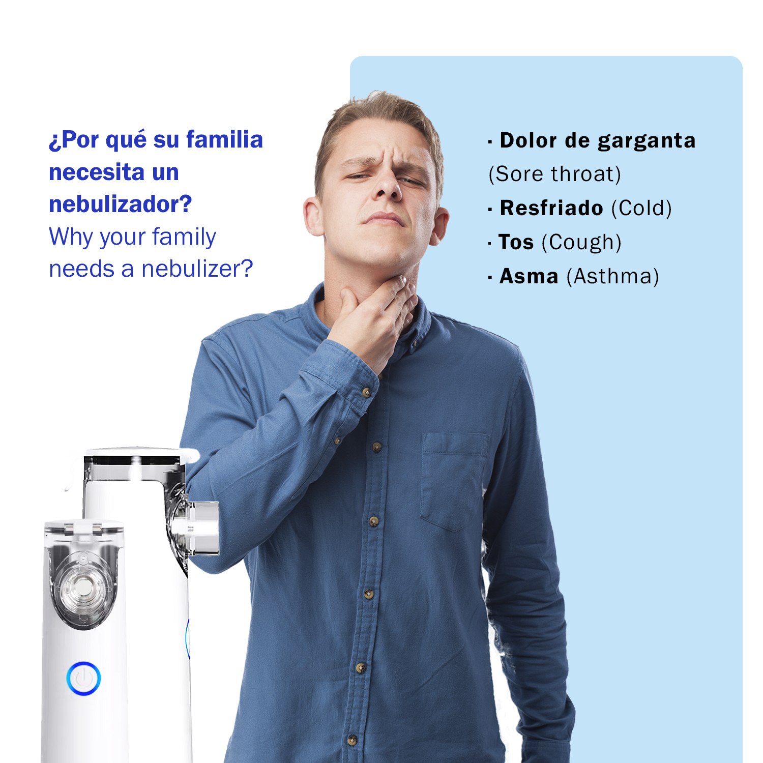 Hombre con dolor de garganta. Nebulizadores y texto en la imagen.