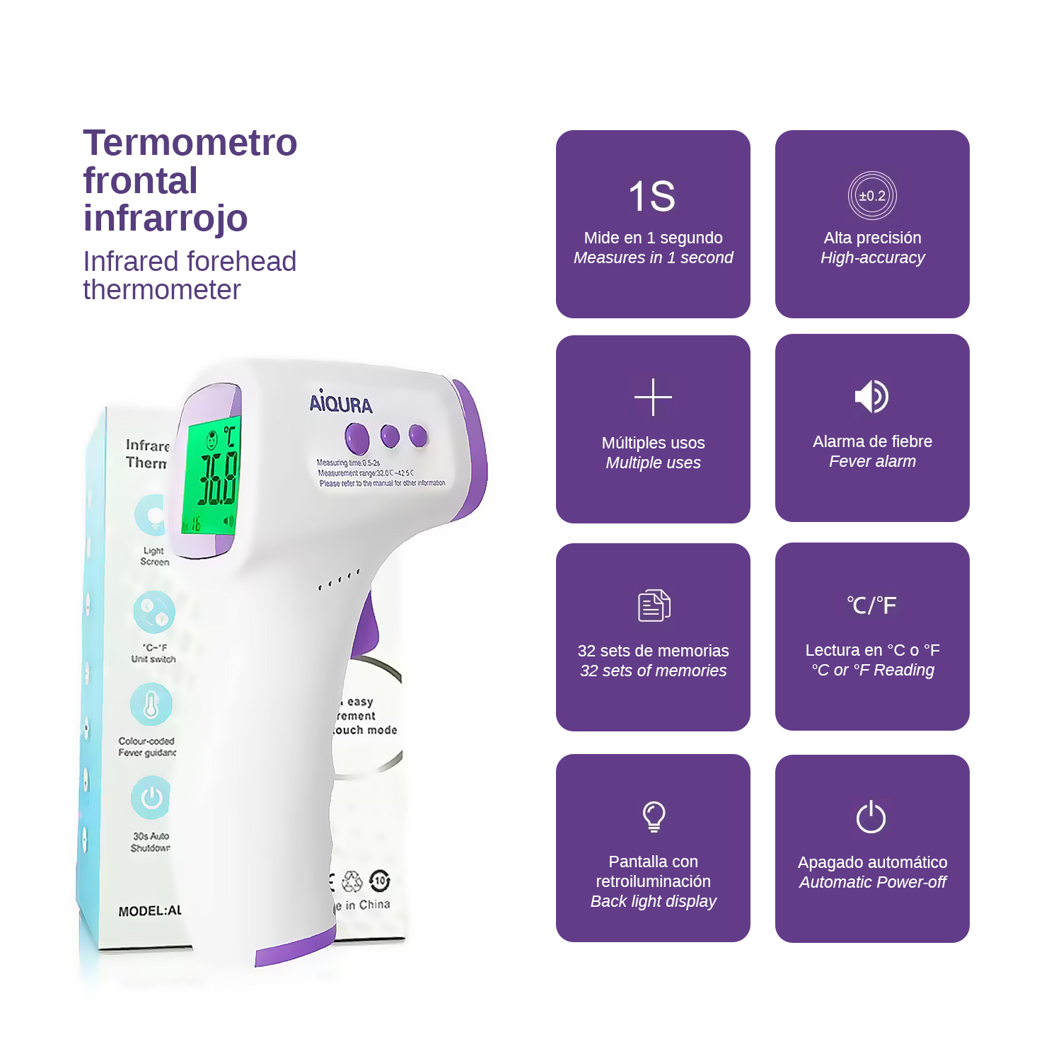 Un termómetro frontal infrarrojo blanco y morado con pantalla digital e info del producto.