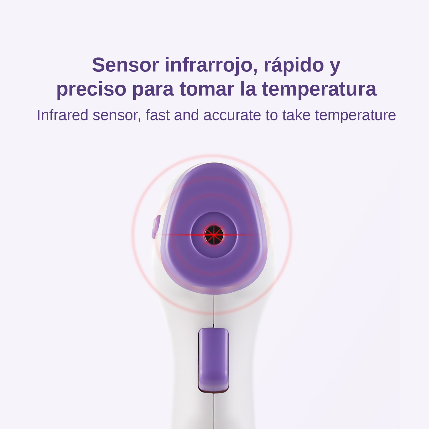 Un termómetro blanco y morado con un punto láser rojo y círculos concéntricos.