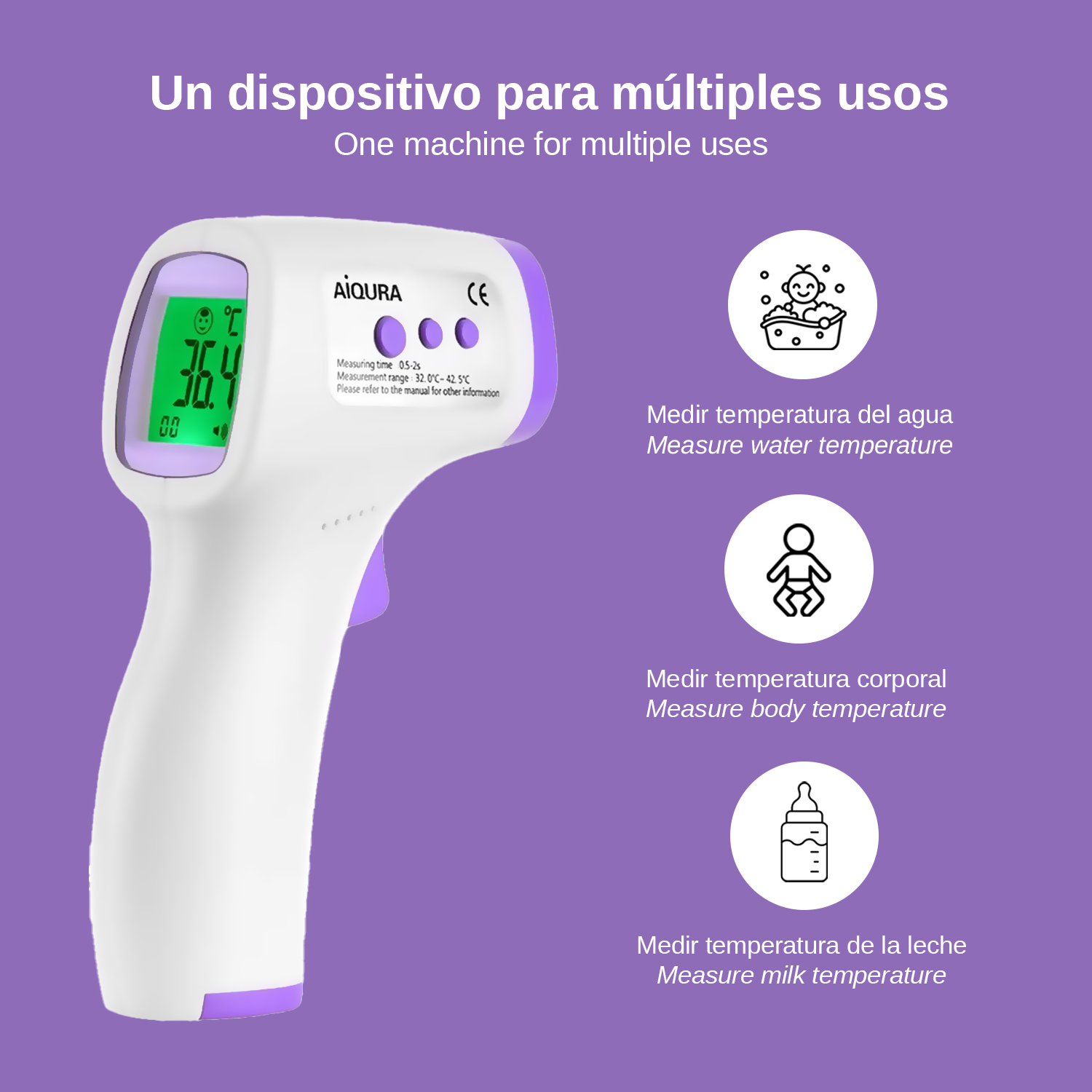 Un termómetro digital con pantalla LCD mide temperatura de agua, cuerpo y leche.
