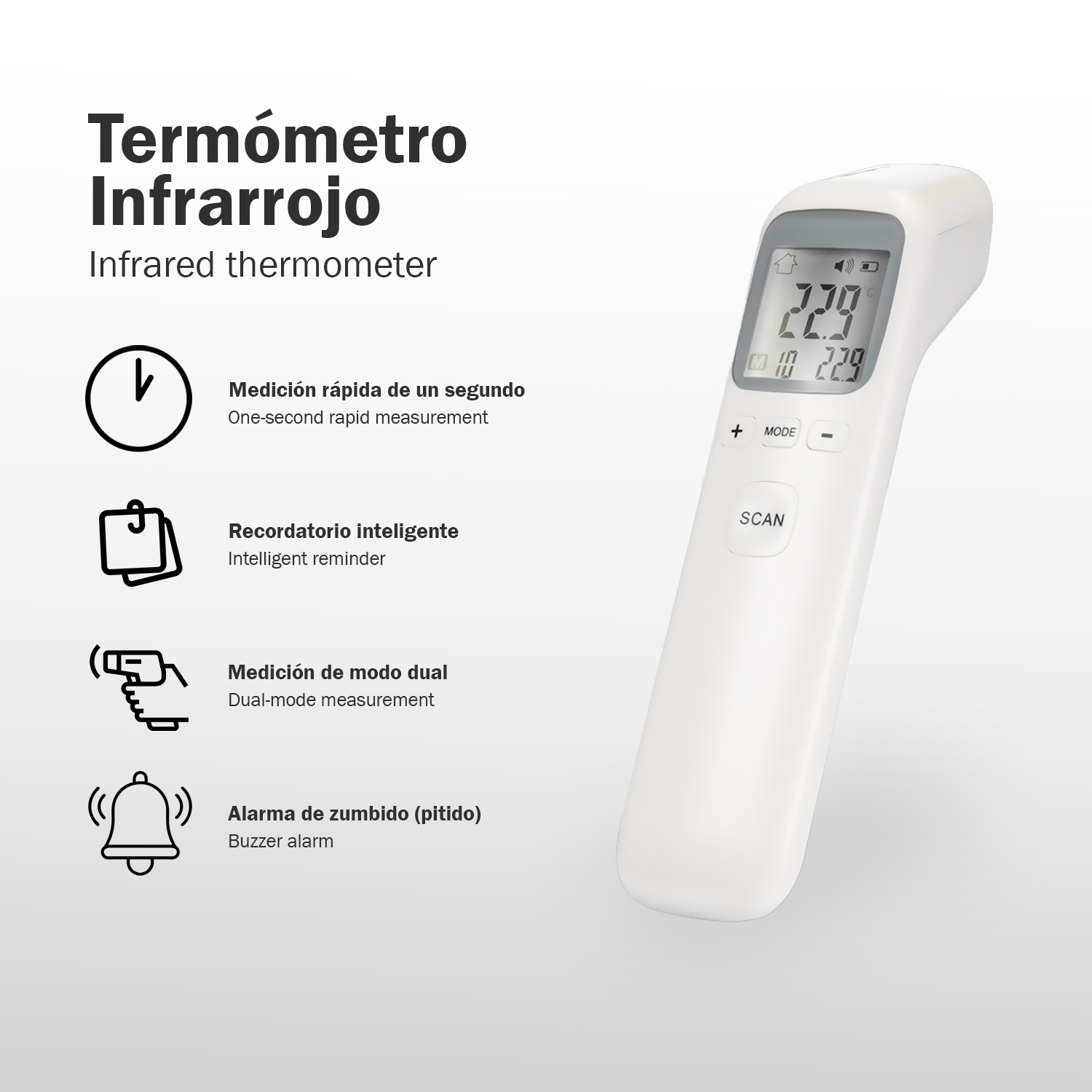 Termómetro infrarrojo blanco con pantalla digital mostrando 22.9 grados e iconos para rápido, inteligente, doble modo y alarma.