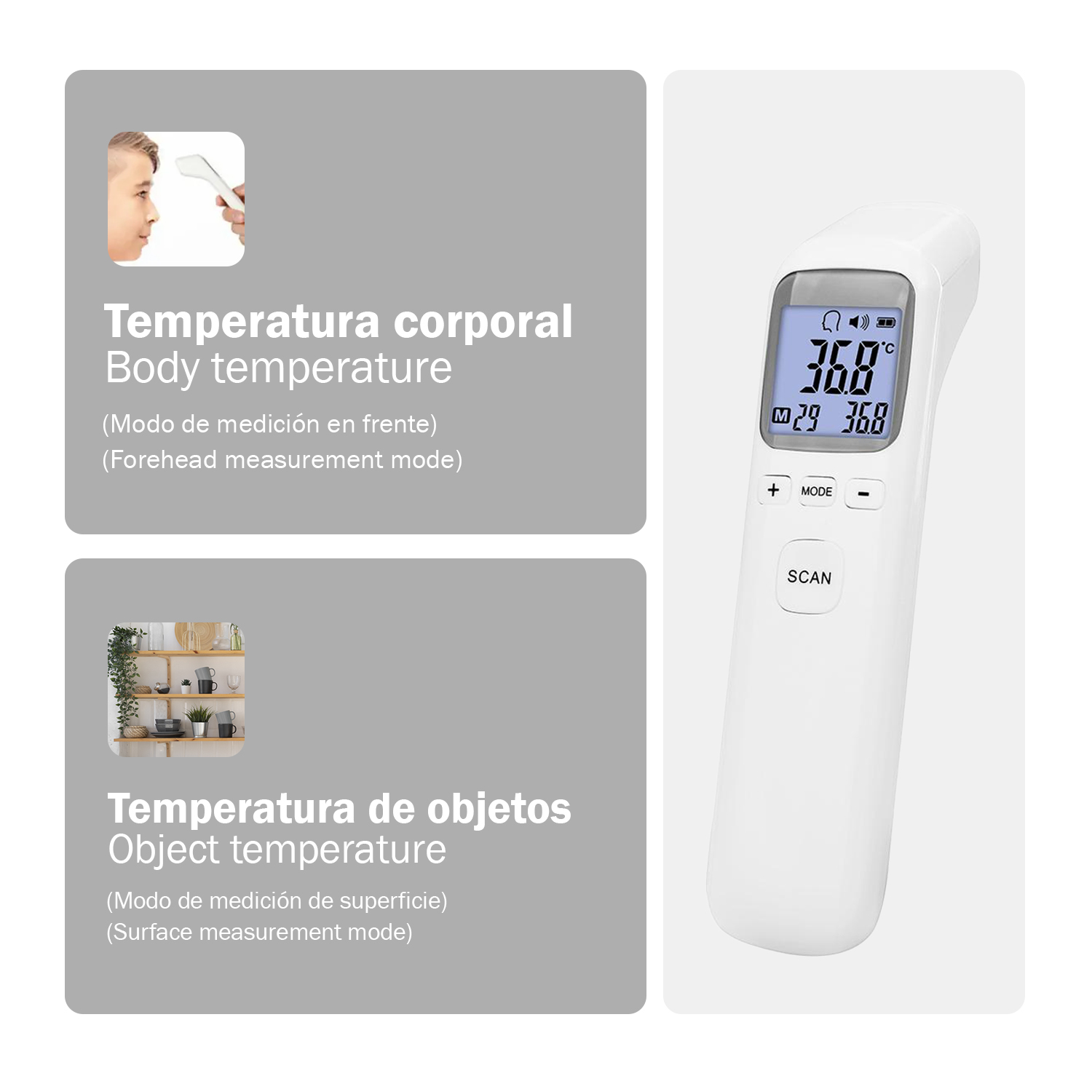 Un termómetro infrarrojo blanco que muestra lecturas de temperatura corporal y de objetos.