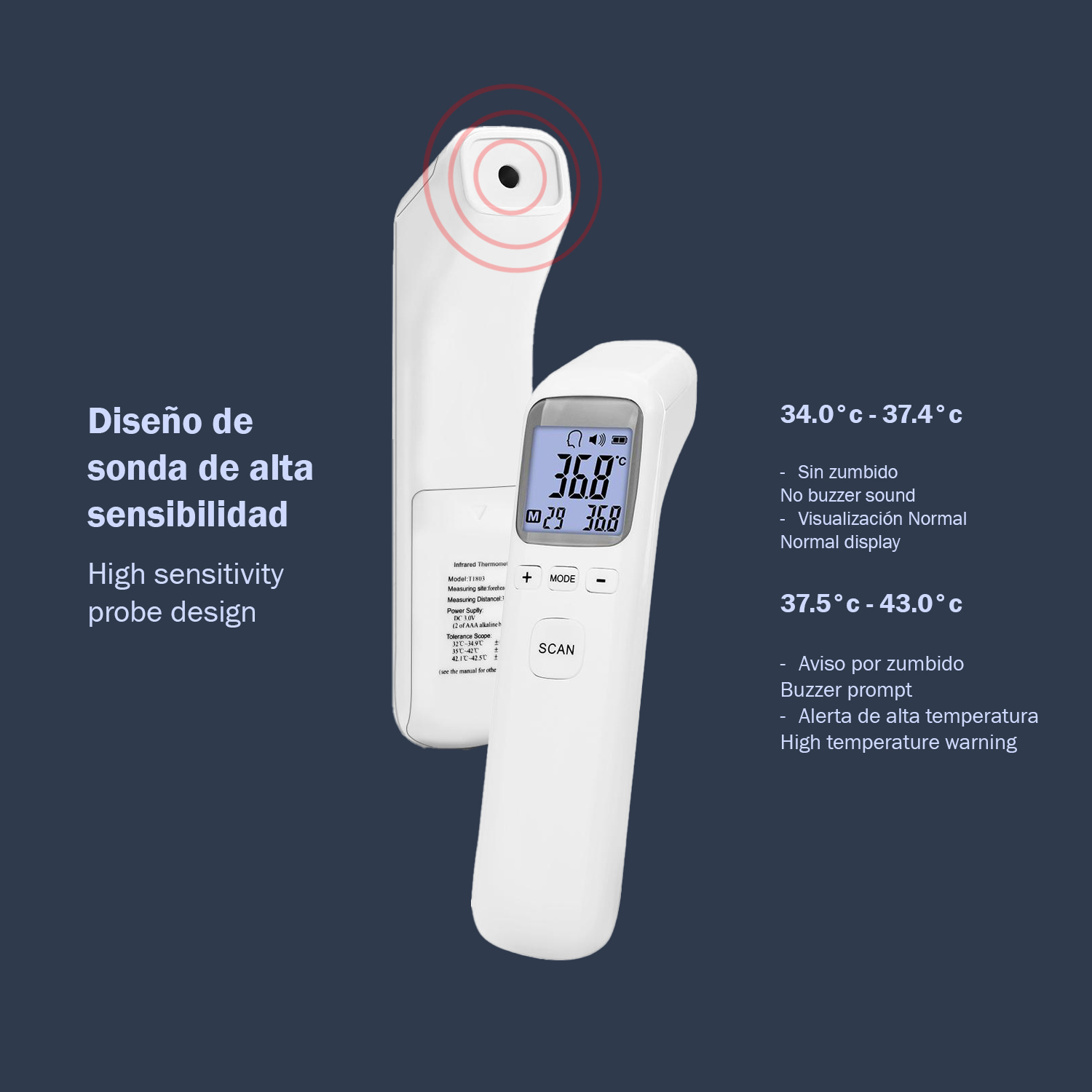 Un termómetro infrarrojo blanco con pantalla digital que muestra 36.8°C.