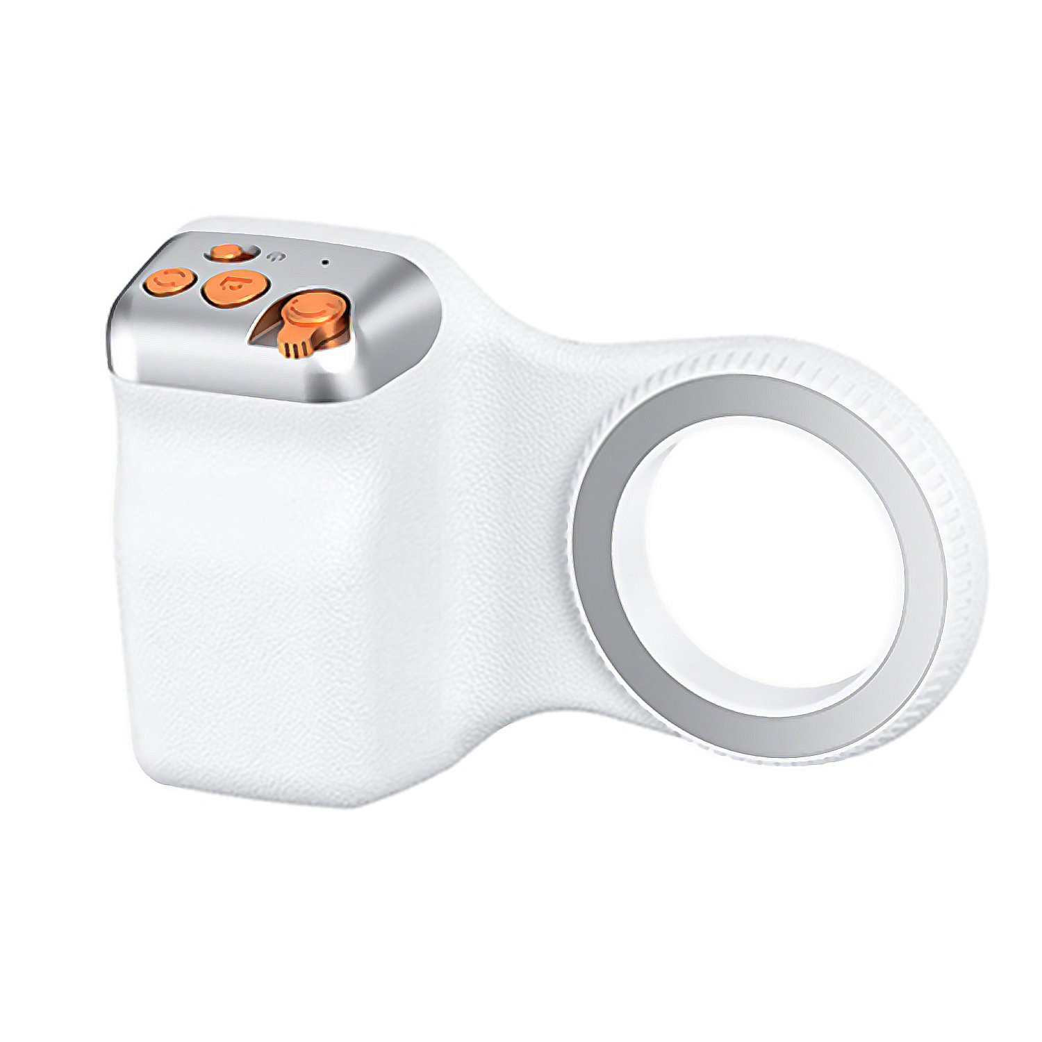 Un dispositivo blanco con botones naranjas y un anillo.