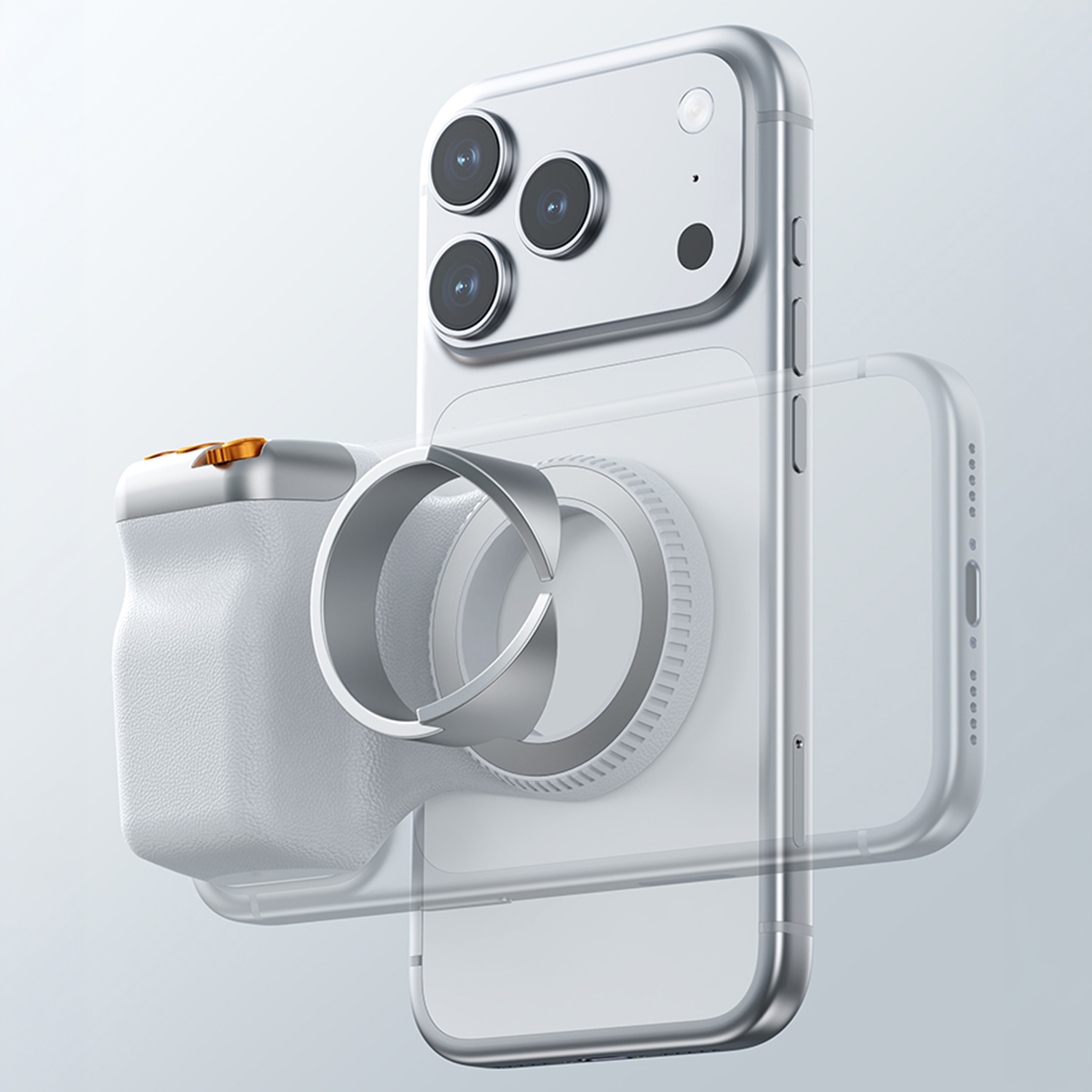 Un smartphone plateado con tres cámaras y un accesorio de agarre blanco.