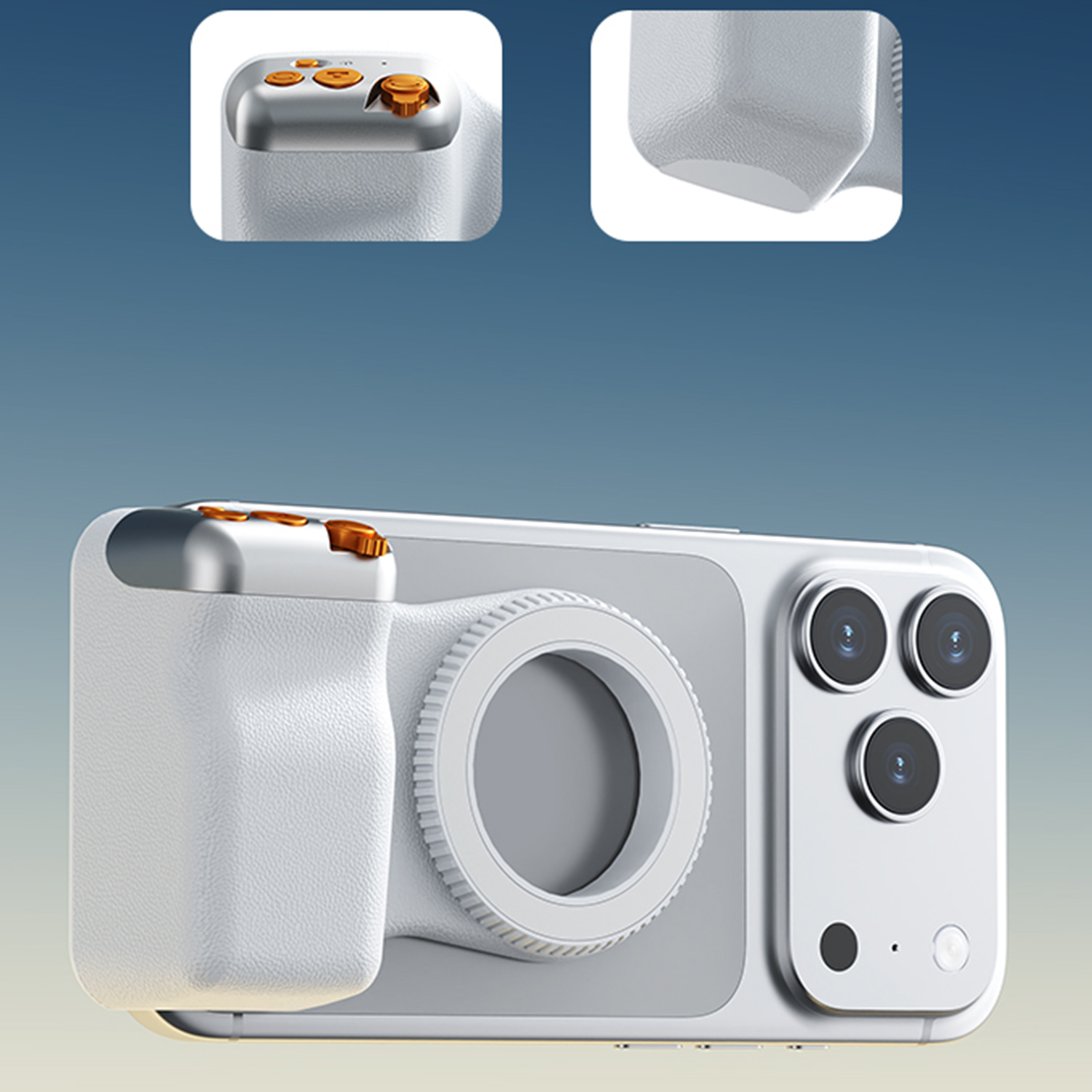 Un smartphone blanco con tres cámaras y una lente que parece una cámara.