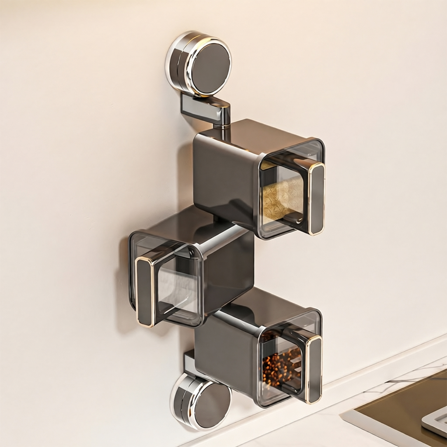 Un dispenser di spezie a tre livelli in vetro scuro con accenti argentati montato a parete.