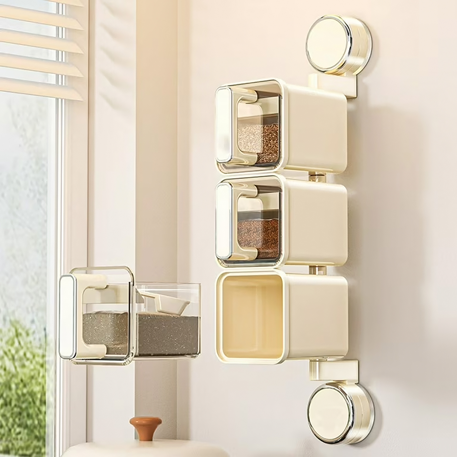 Portaspezie beige da parete, riempiti di spezie e un misurino.
