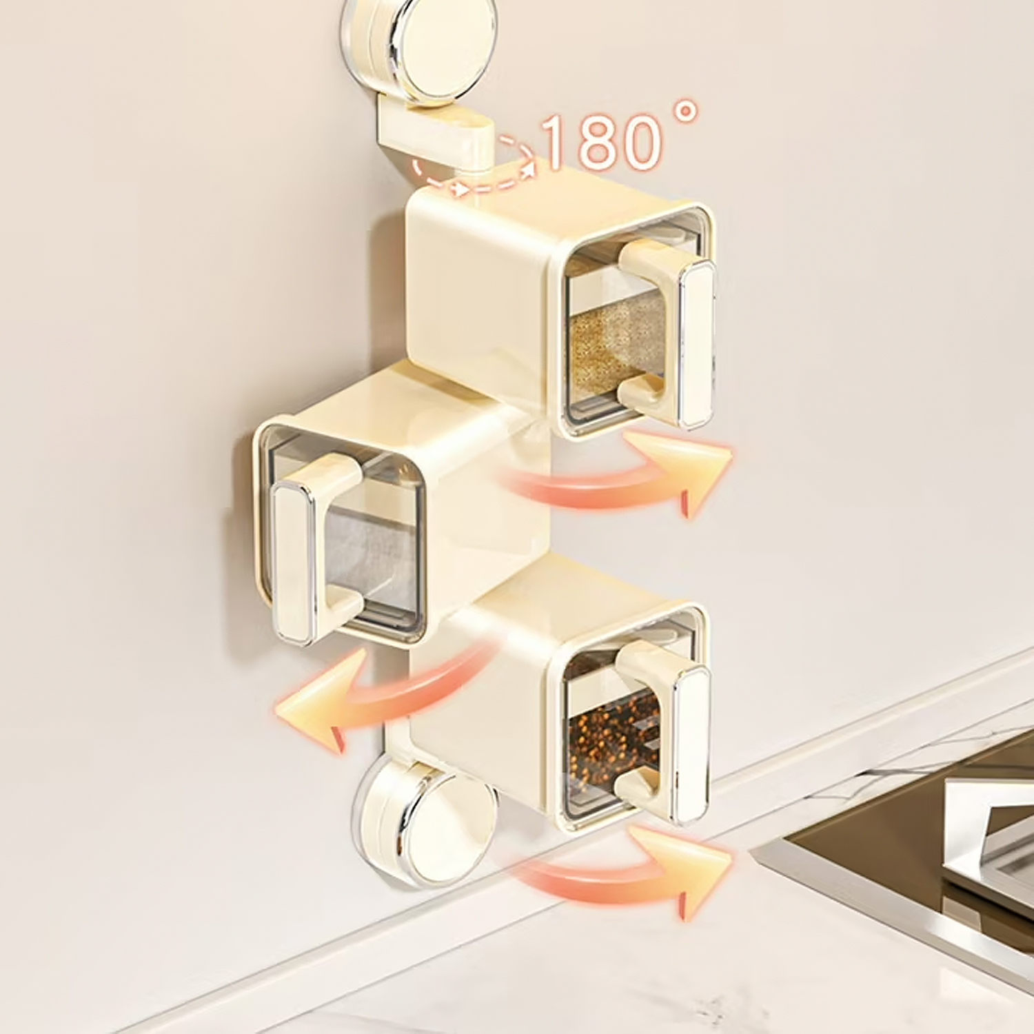Contenitori rotanti per spezie beige montati a parete. Rotazione 180 gradi.