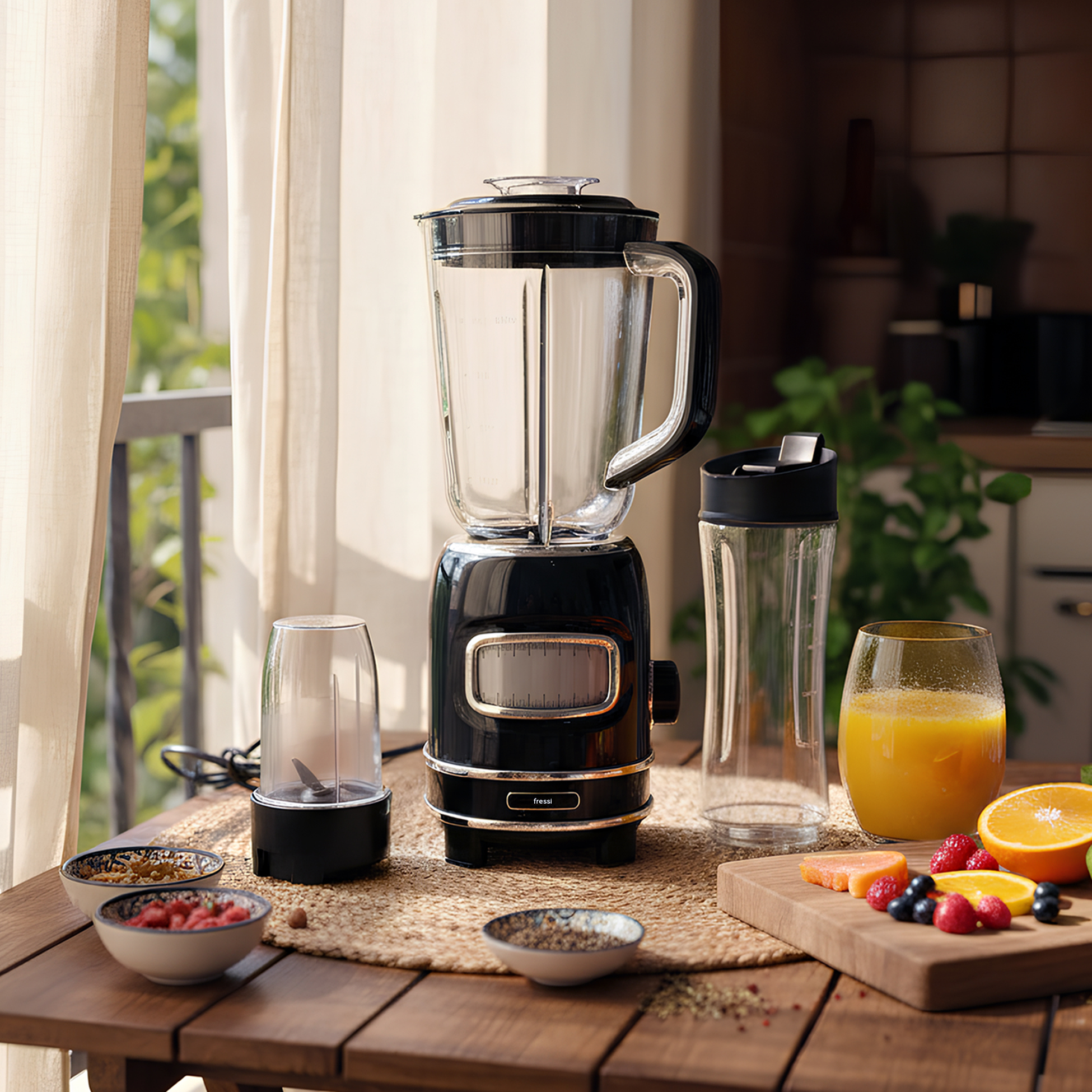 Ahşap masa üzerinde aksesuarları ve meyveleri olan siyah blender.