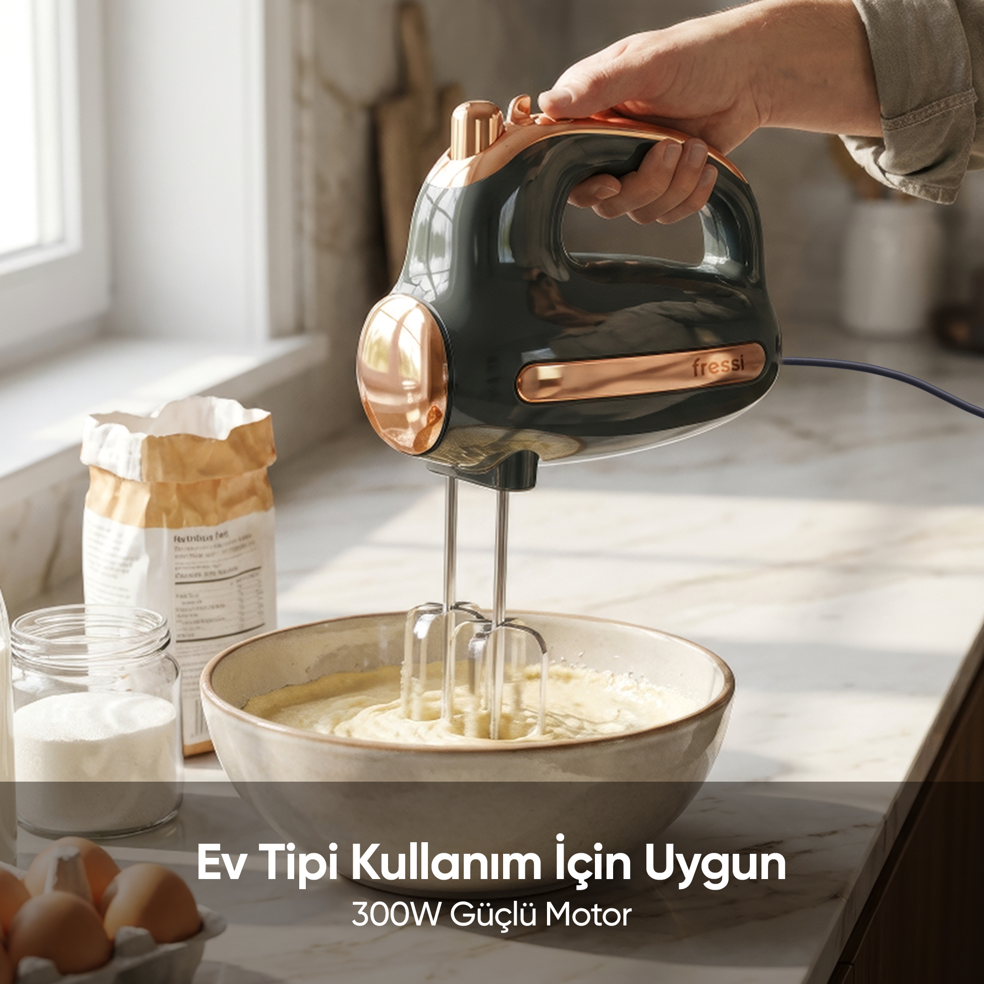 Gül altın rengi aksesuarlı koyu gri el mikseri kapta hamur karıştırıyor.