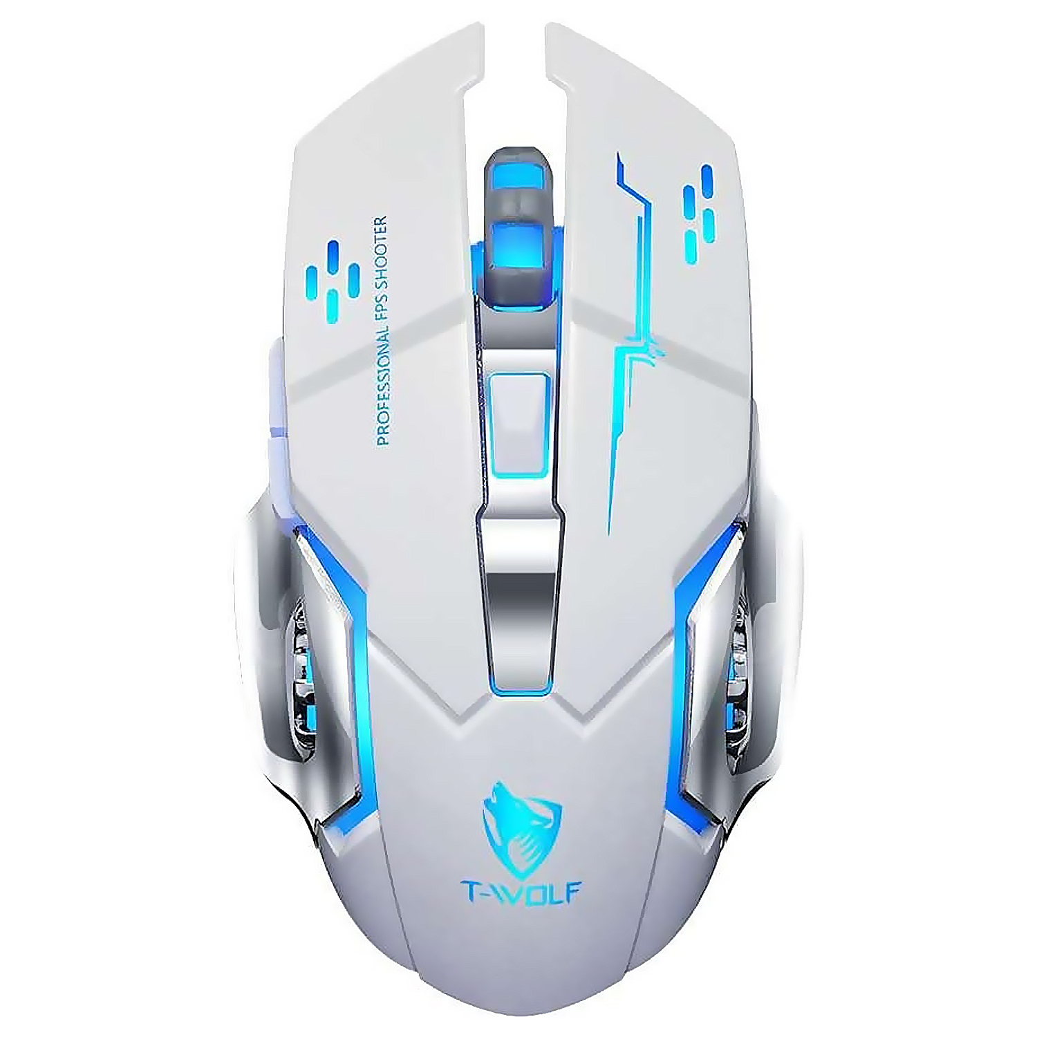 Un ratón blanco para juegos con detalles LED azules y el logo T-WOLF.