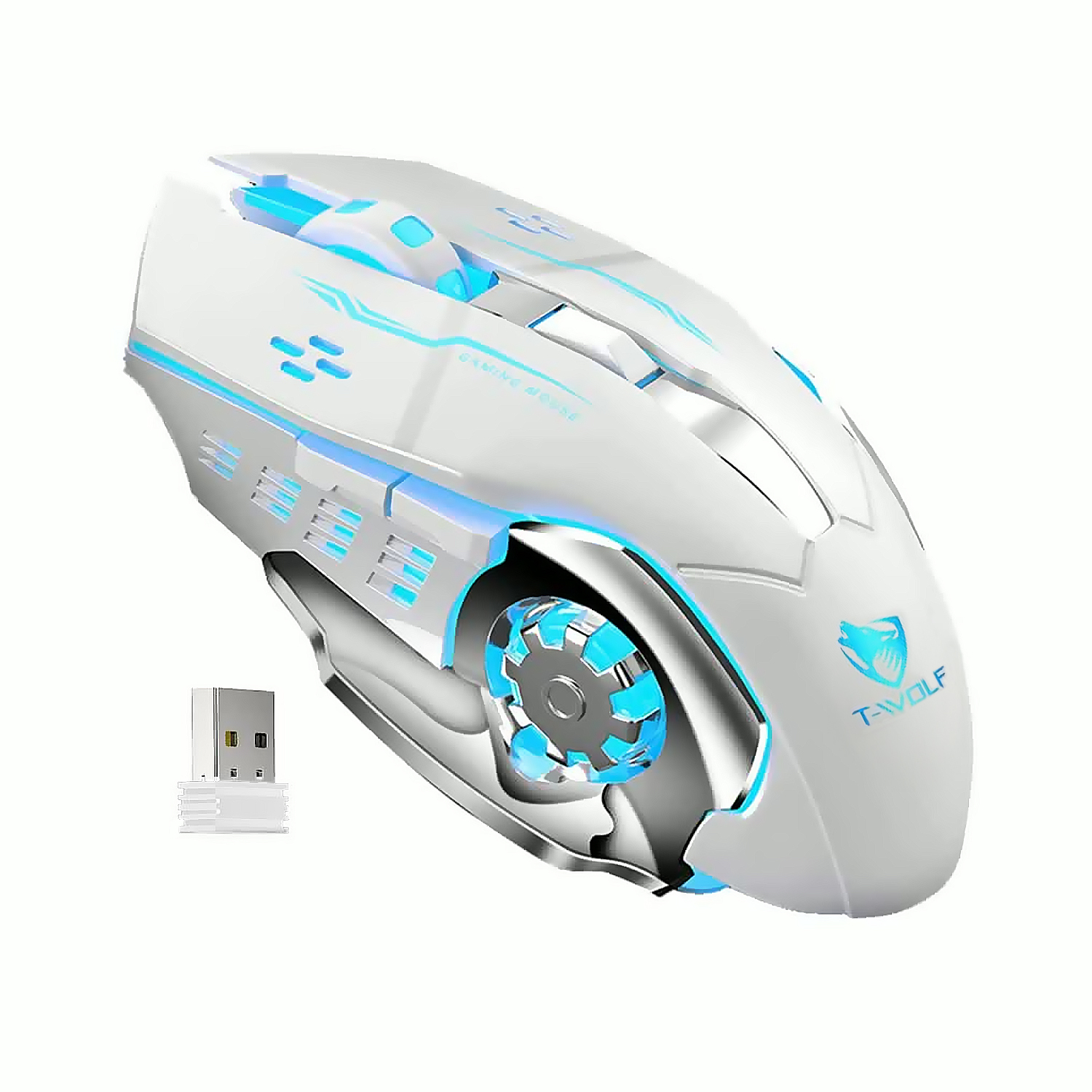 Un ratón gaming blanco con luces azules y un dongle USB.