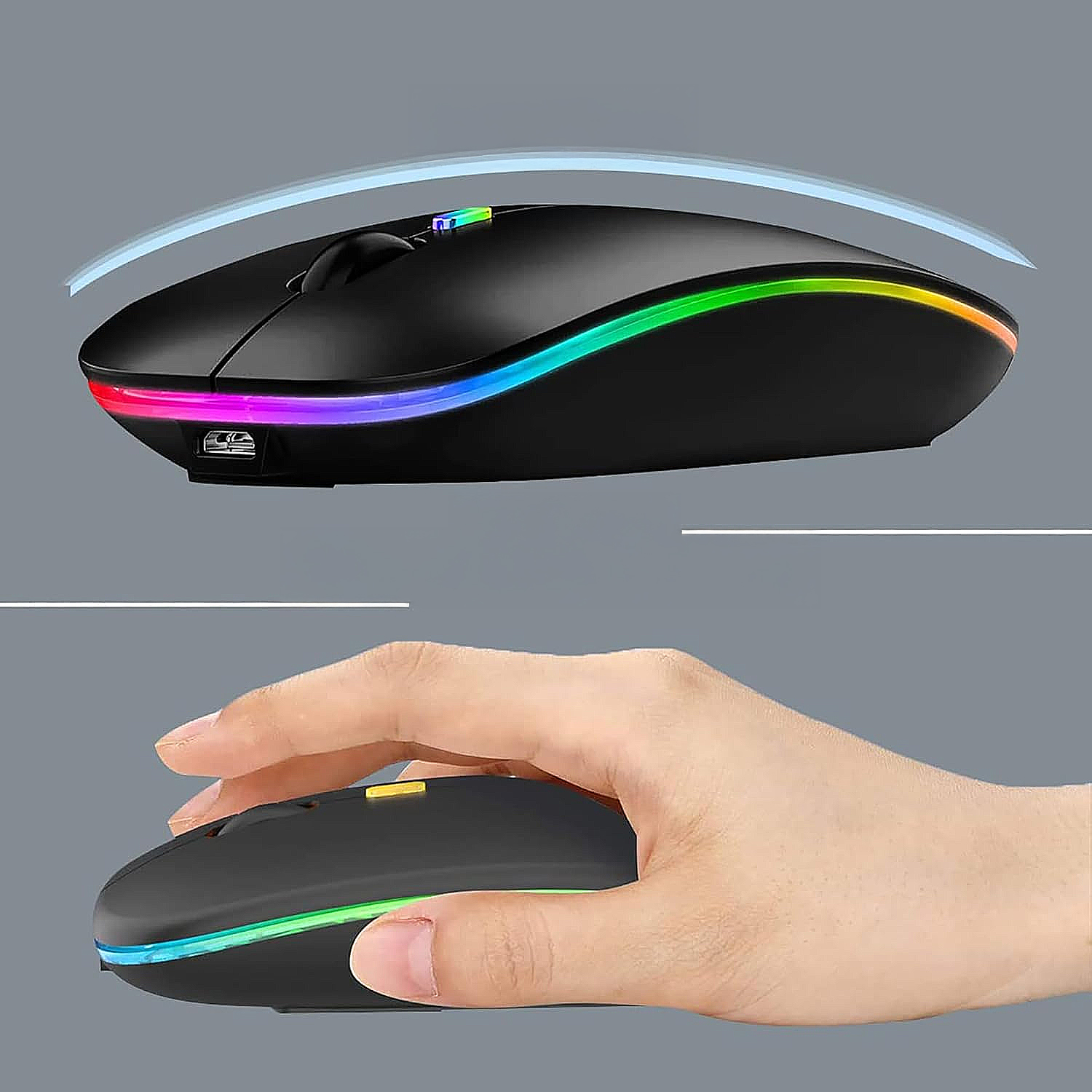 Ratón negro con iluminación RGB, una mano lo usa.