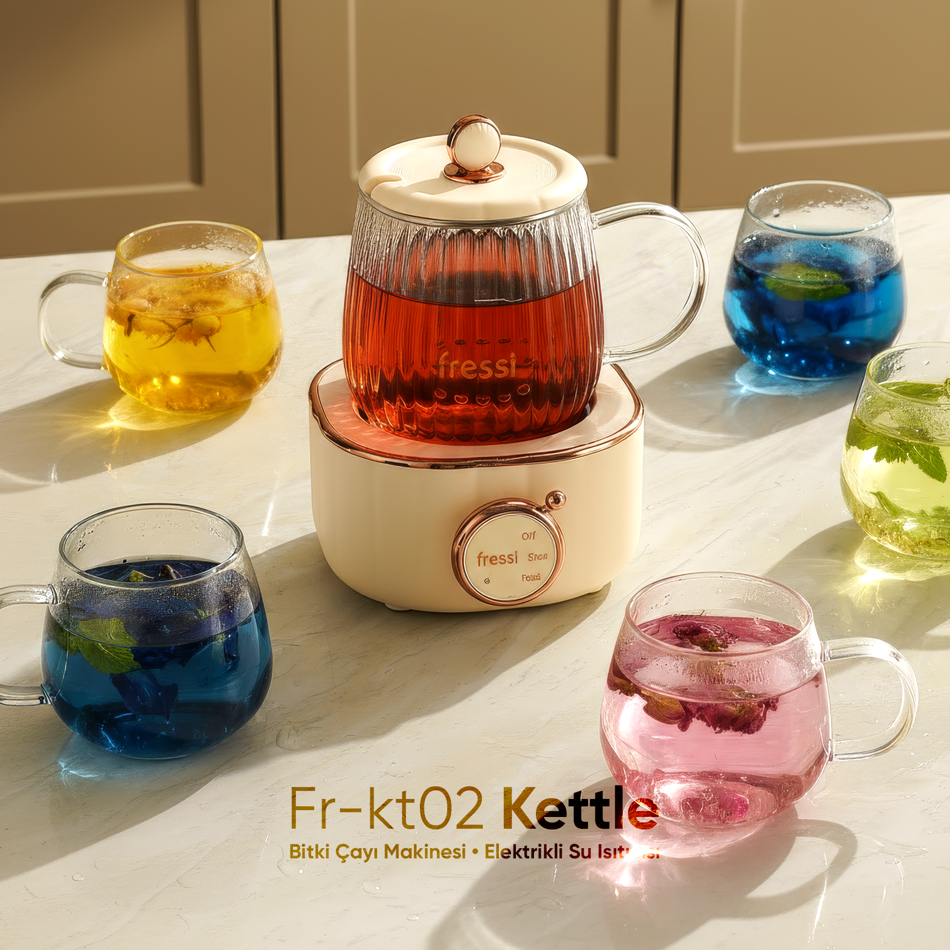 FRESSI FR-KT02 Elektrikli Çok Fonksiyonlu Cam Bardak 600 ml 400 W Su Isıtıcısı Bitki Çayı Makinesi Bitki Çayı Makinesi Krem
