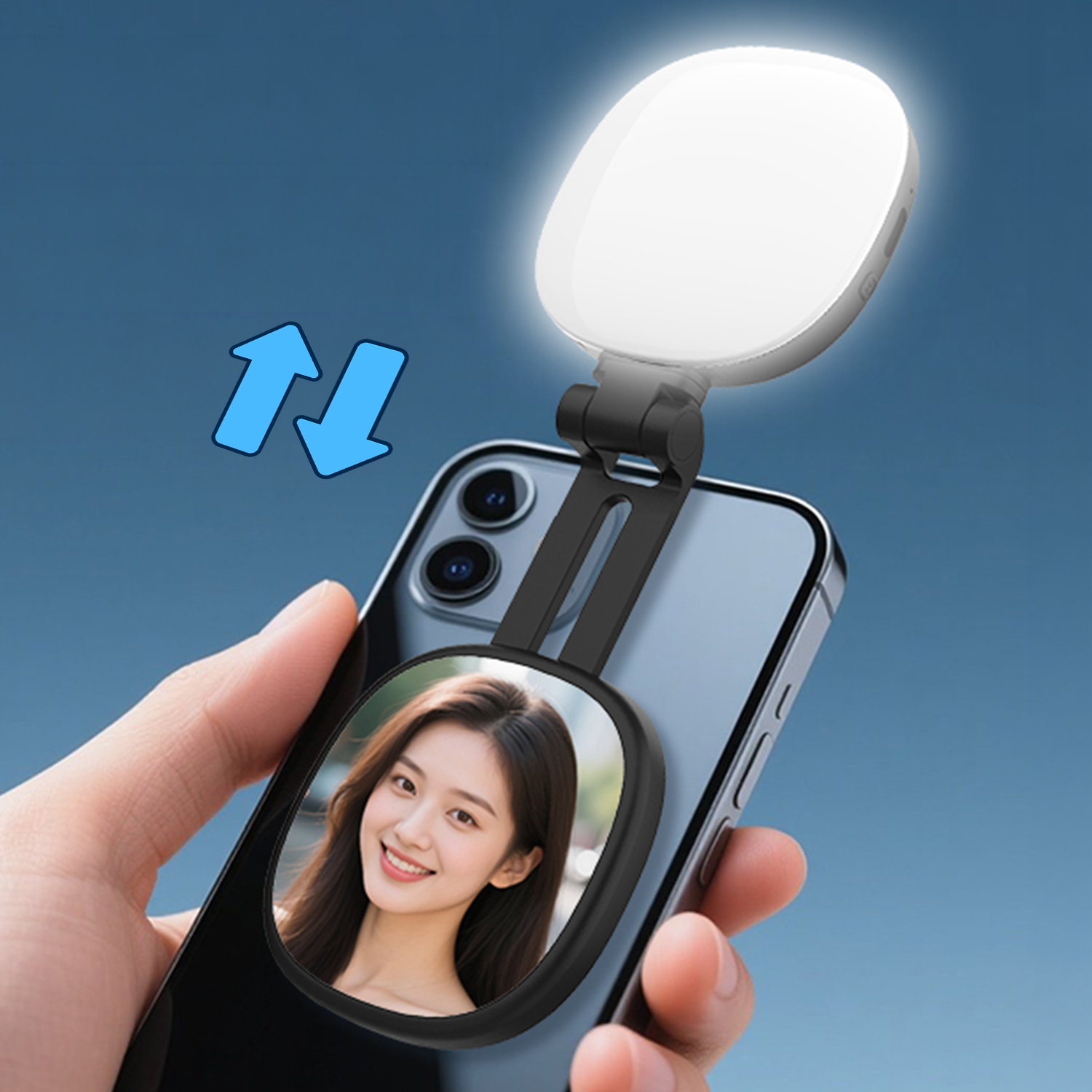 Un teléfono con luz de anillo para selfies y foto de mujer. Flechas indican arriba/abajo.