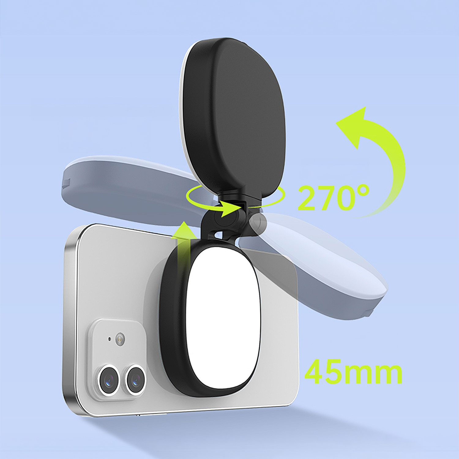 Un accesorio de anillo de luz negro en un smartphone, giratorio 270 grados.