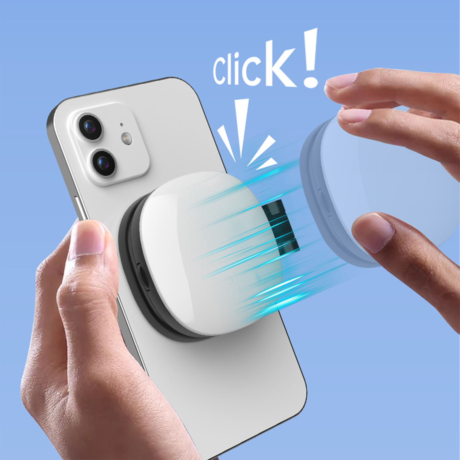 Una mano acopla un agarre magnético blanco a un teléfono blanco. ¡Clic!