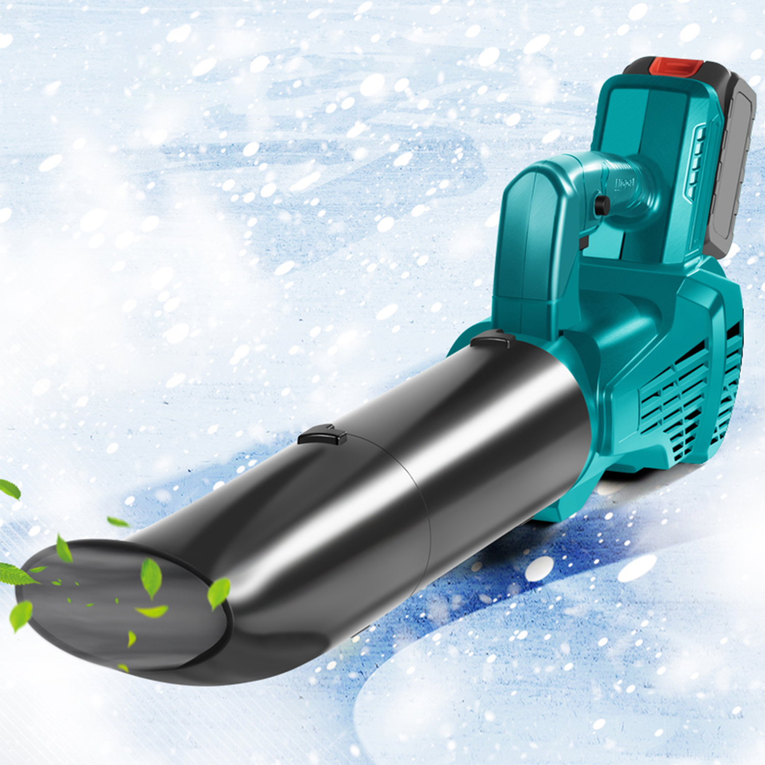 Soplador de hojas verde azulado con tubo negro, rodeado de hojas y nieve cayendo.