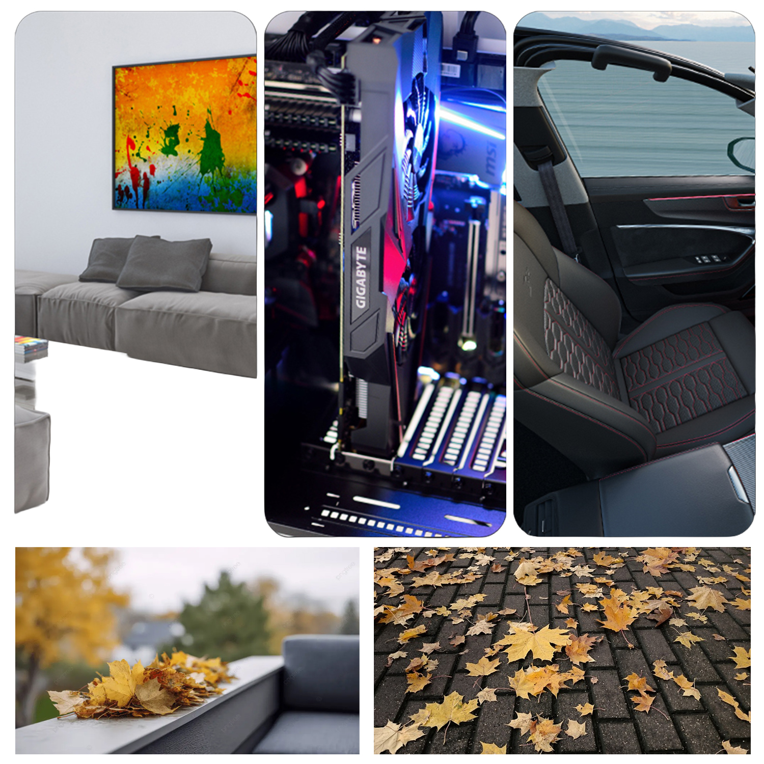 Collage: sala de estar moderna, ordenador, interior de coche, hojas de otoño en barandilla y camino.