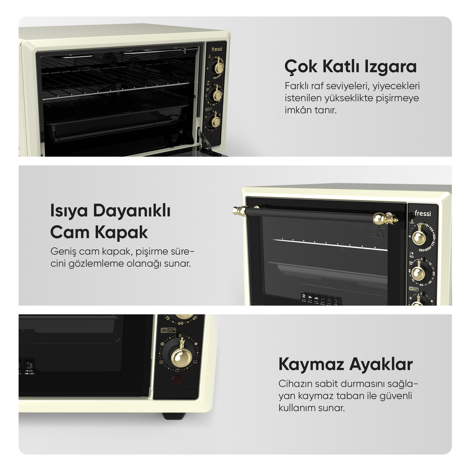 Çok katlı raflı, cam kapaklı, krem renkli fırın ve kontrol düğmeleri.