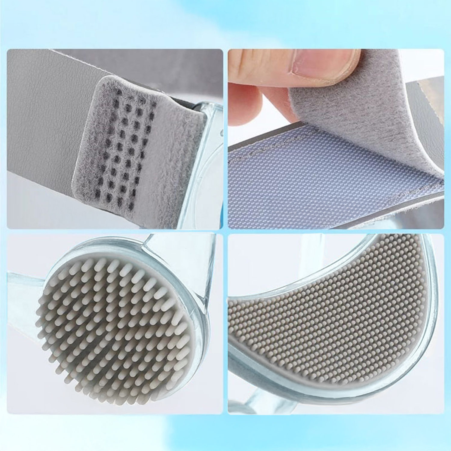 Primer plano de un dispositivo azul con velcro y cerdas de goma.