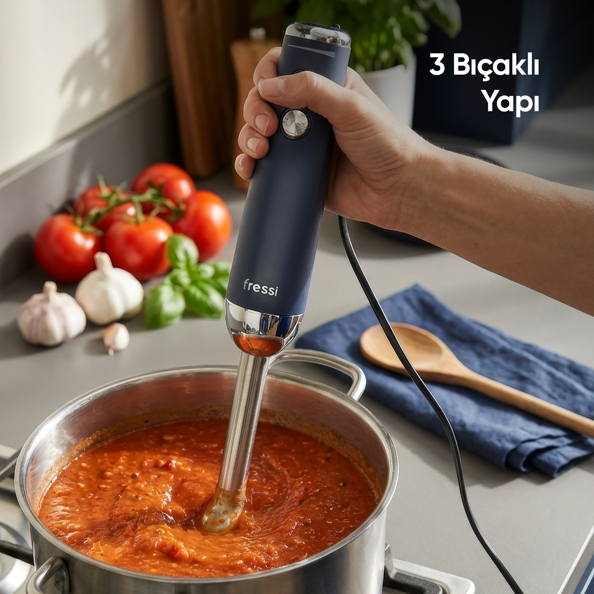 Domates soslu tencerede el blenderi kullanılıyor. Yanında domates ve sarımsak var.