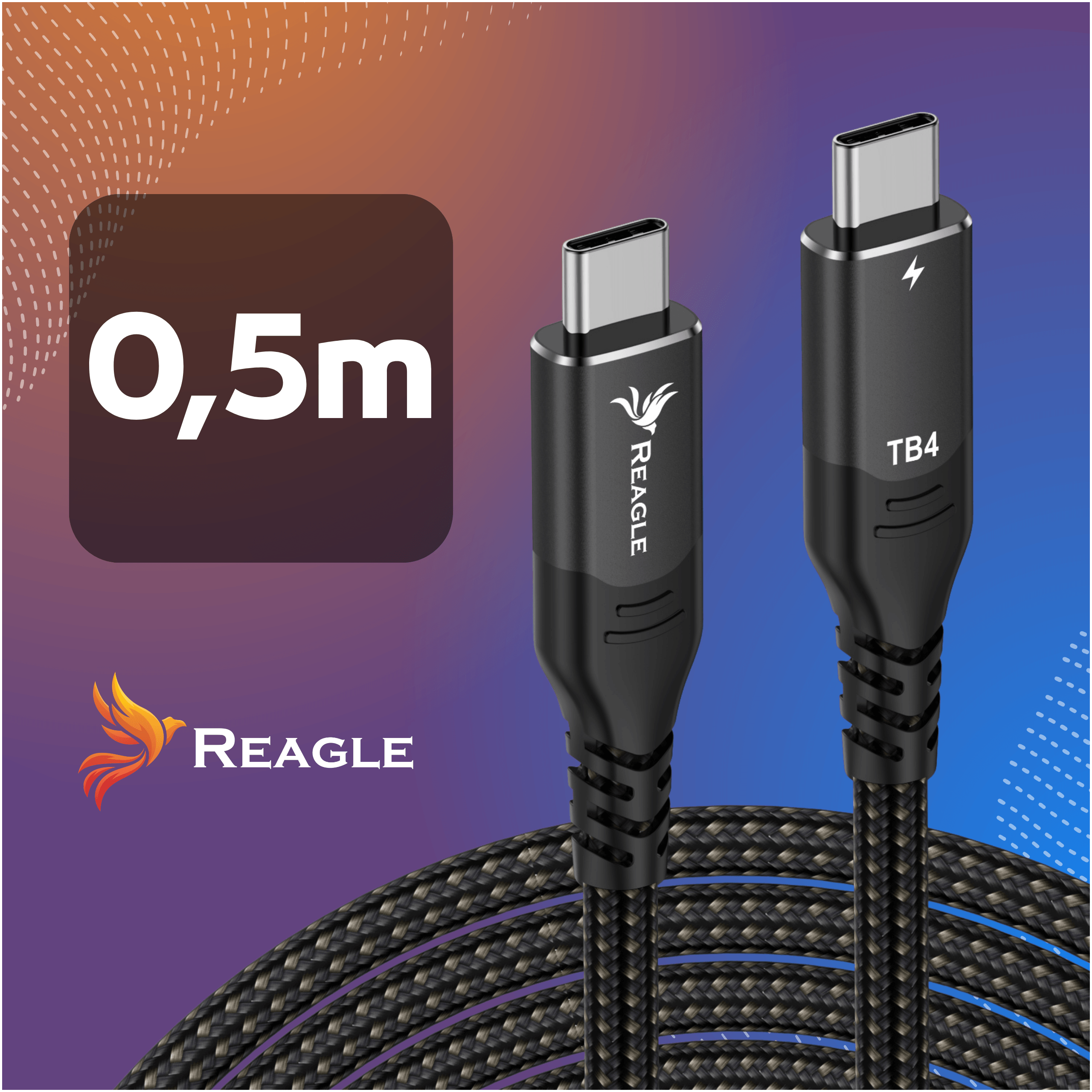 Czarny kabel USB-C 0,5m, z oznaczeniem TB4 i marką Reagle.