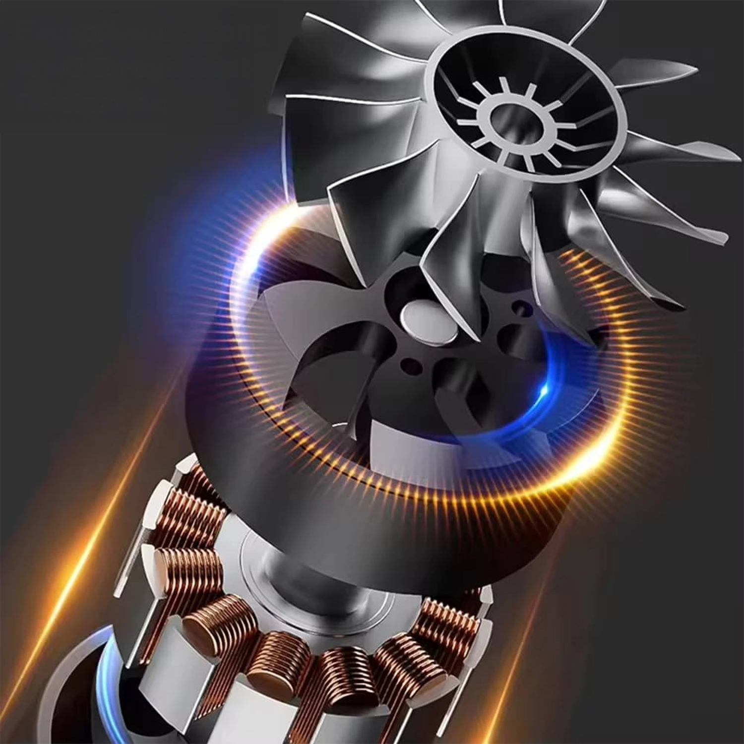 Primer plano de un motor con bobinado de cobre y ventilador. Brillando con luz azul y naranja.