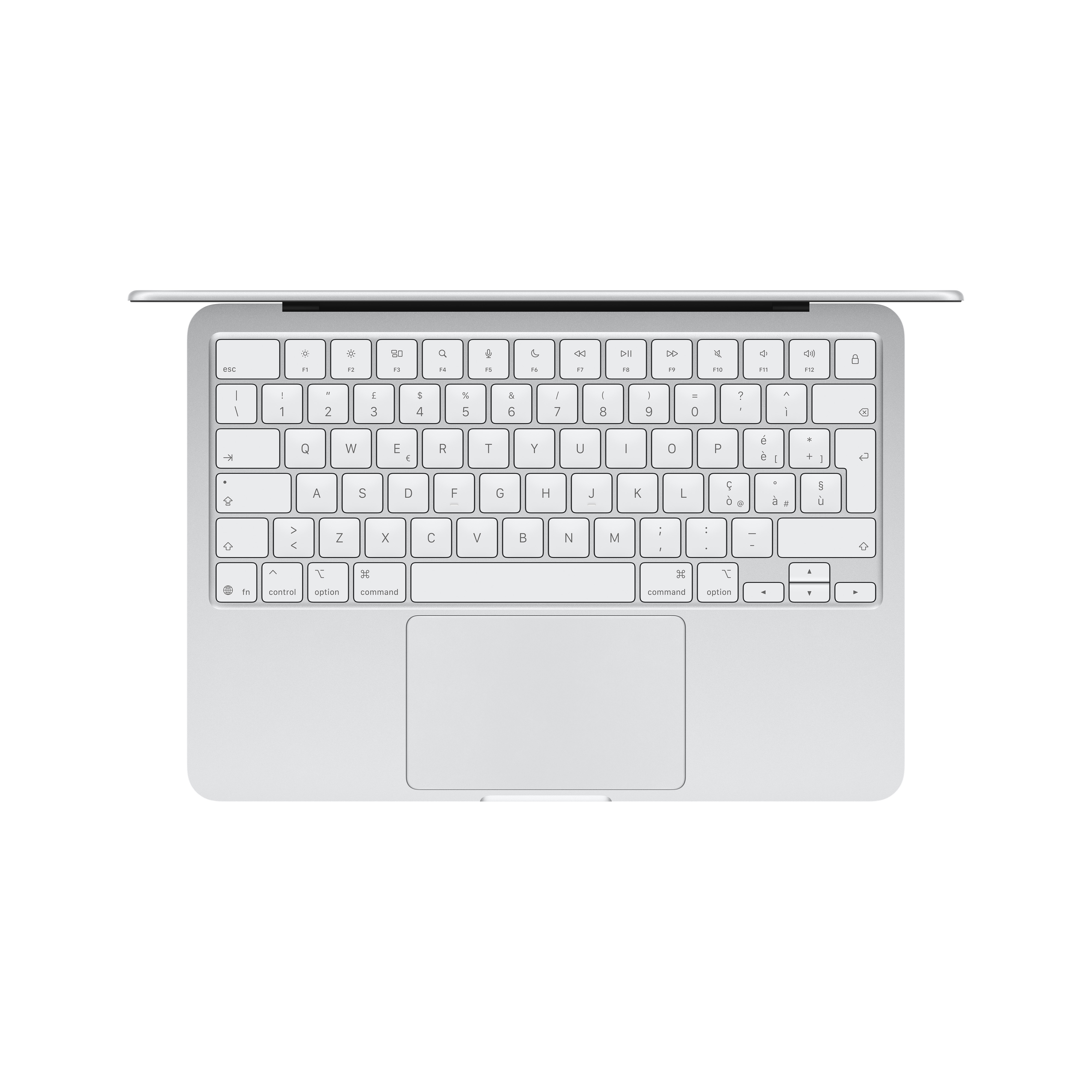 Zbliżenie na srebrną klawiaturę i touchpad laptopa.