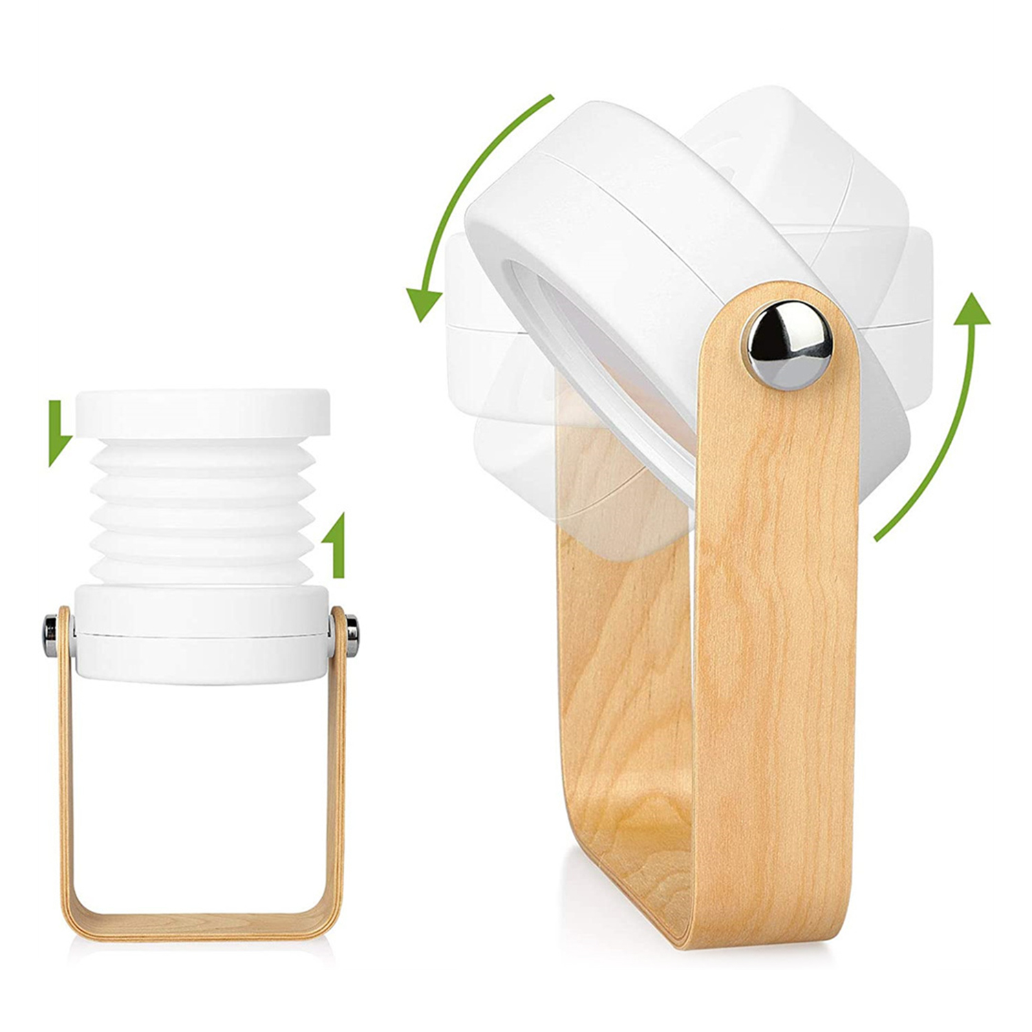Ventilador blanco plegable con marco de madera, mostrado en dos posiciones.