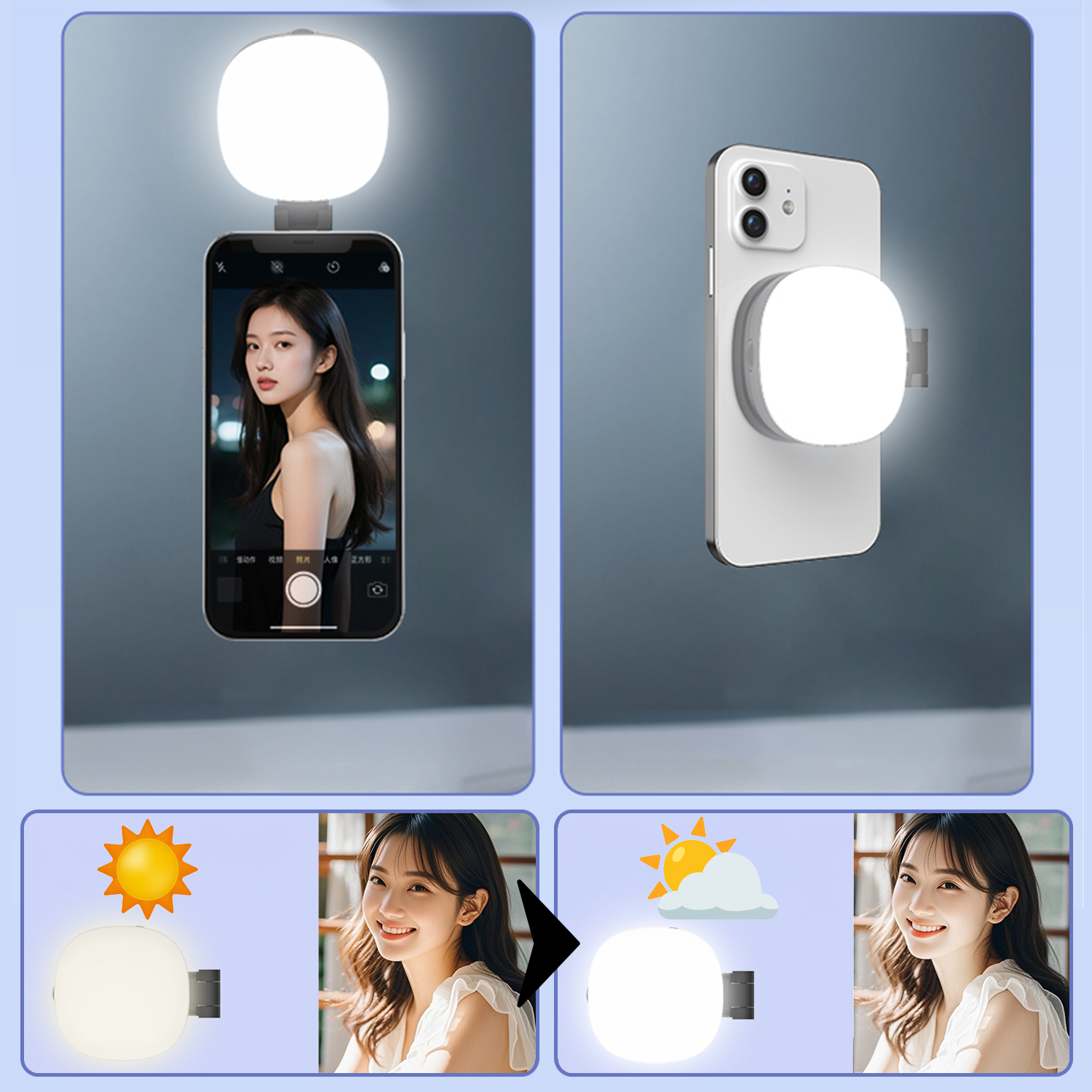 Una luz de anillo para selfies se acopla a un smartphone. Se muestra el brillo abajo.
