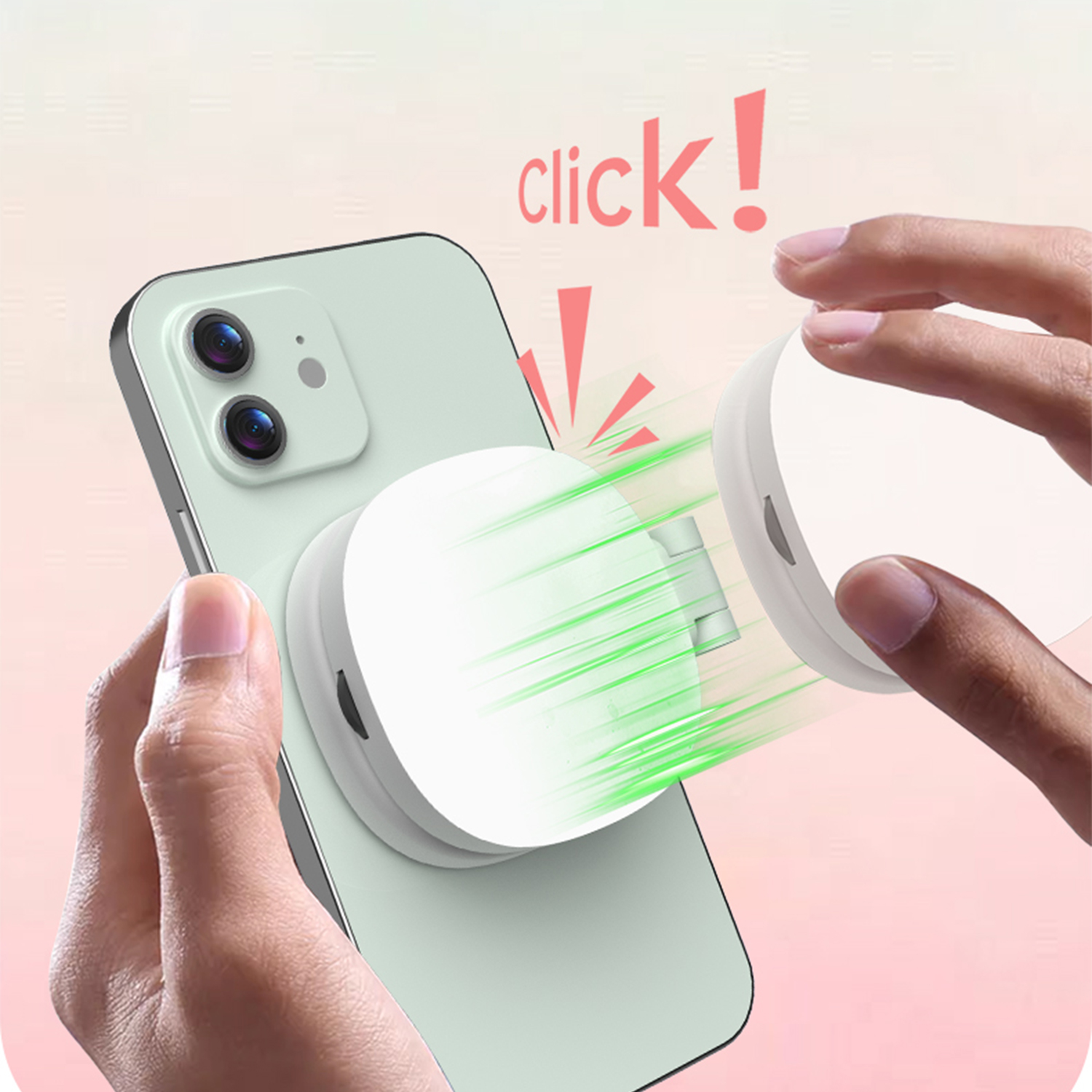 Un dispositivo blanco se acopla magnéticamente a un smartphone verde claro.