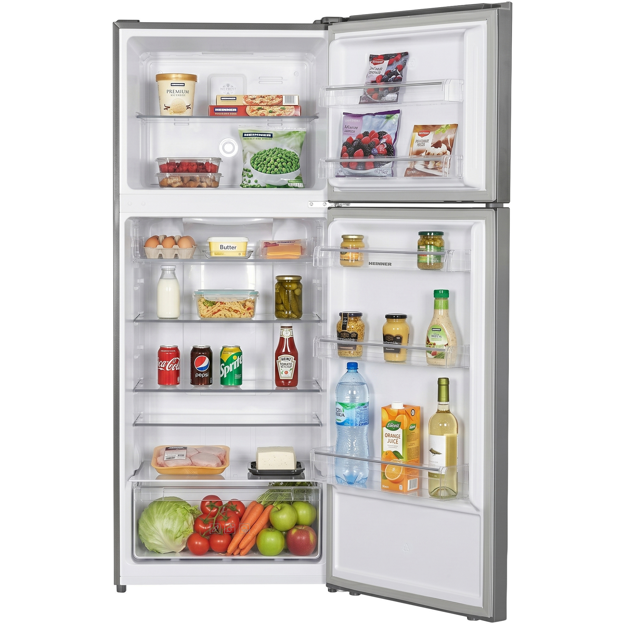 Ein offener Kühlschrank mit Lebensmitteln auf mehreren Regalen.
