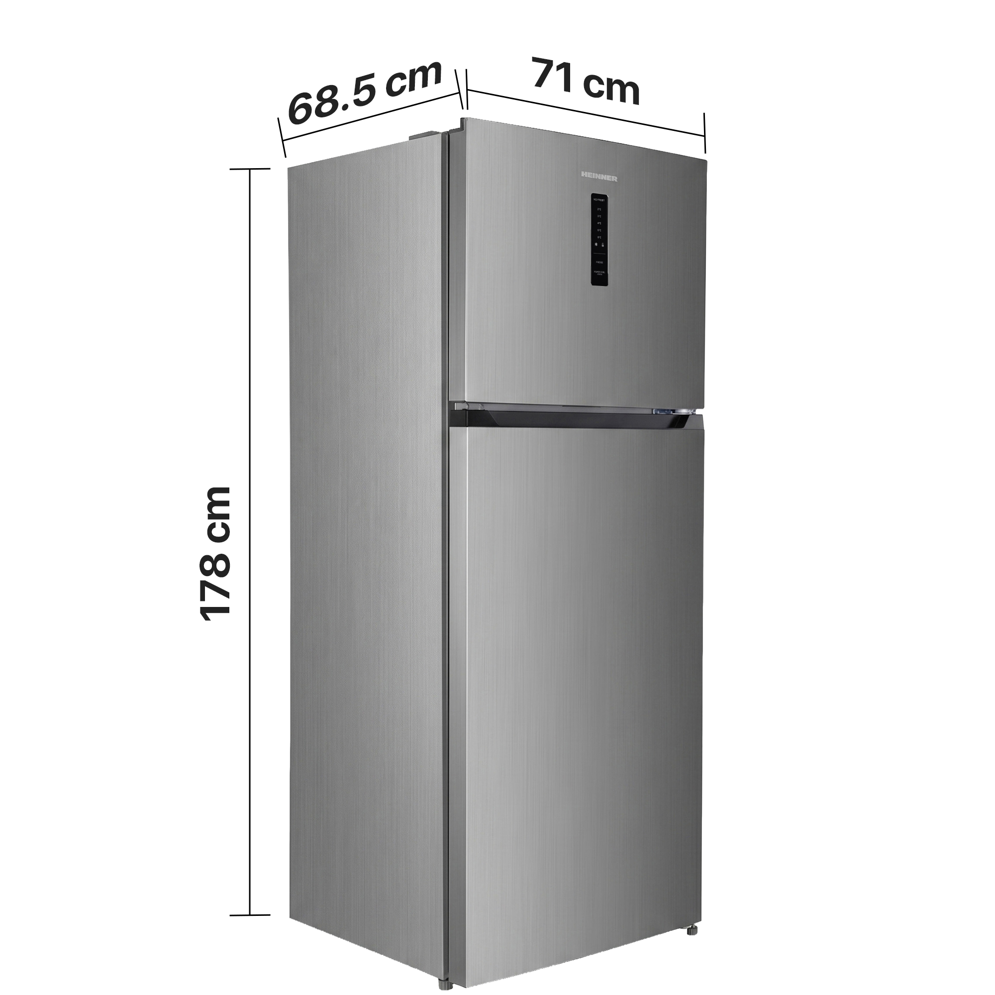 Silberner Kühlschrank mit Gefrierfach, 178x71x68,5 cm, mit Digitaldisplay.