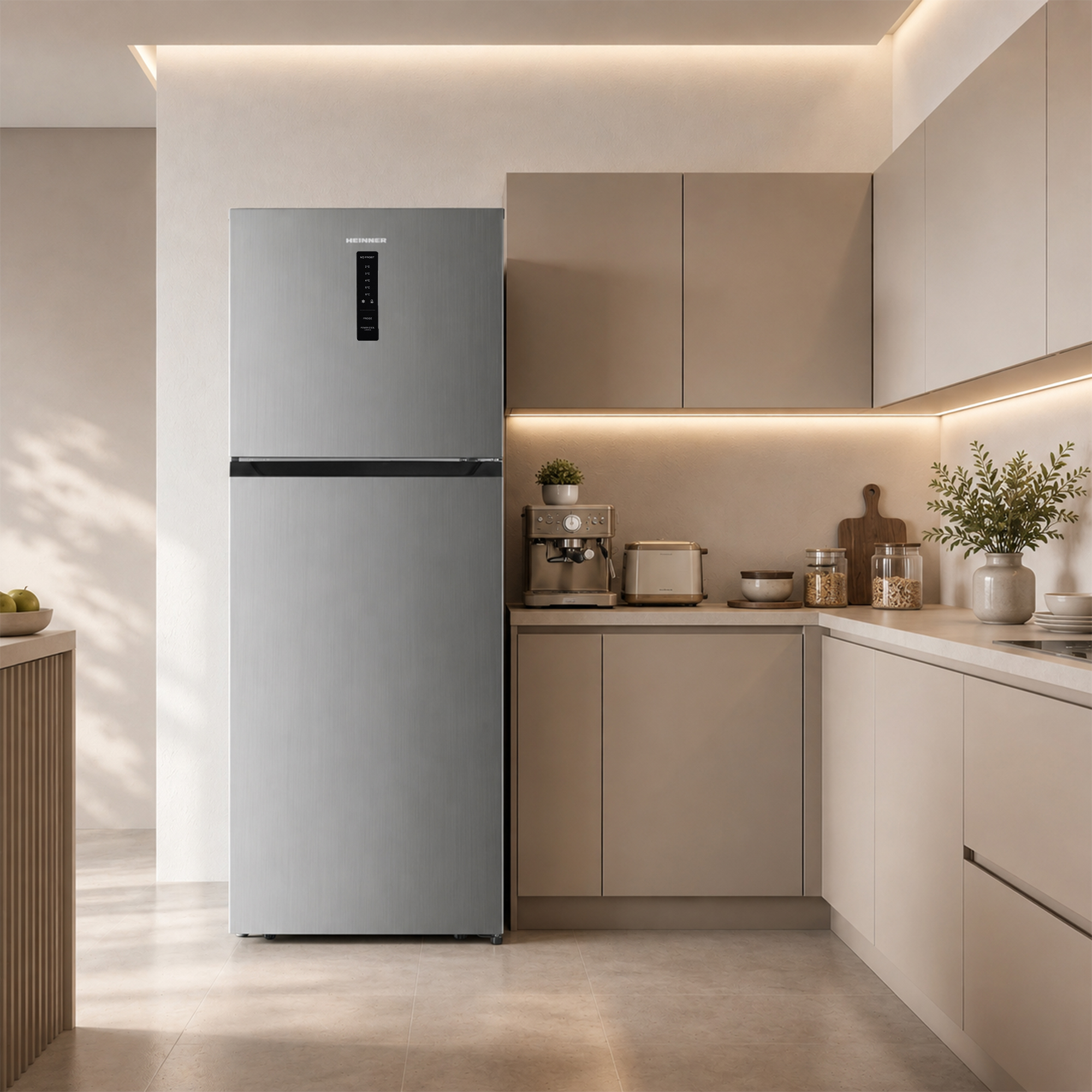 Ein moderner silberner Kühlschrank steht in einer minimalistischen Küche.