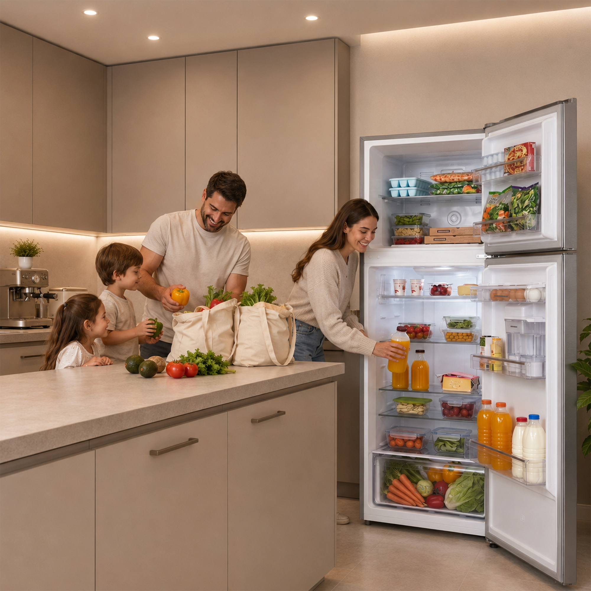 Eine Familie packt Lebensmittel aus und räumt sie in einen offenen Kühlschrank, der mit Obst und Gemüse gefüllt ist.