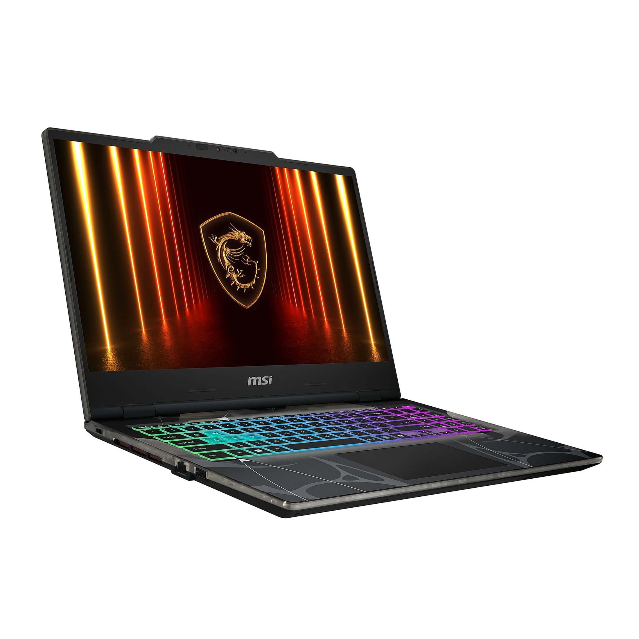 Schwarzer MSI Gaming-Laptop mit beleuchteter Tastatur und Drachenlogo.