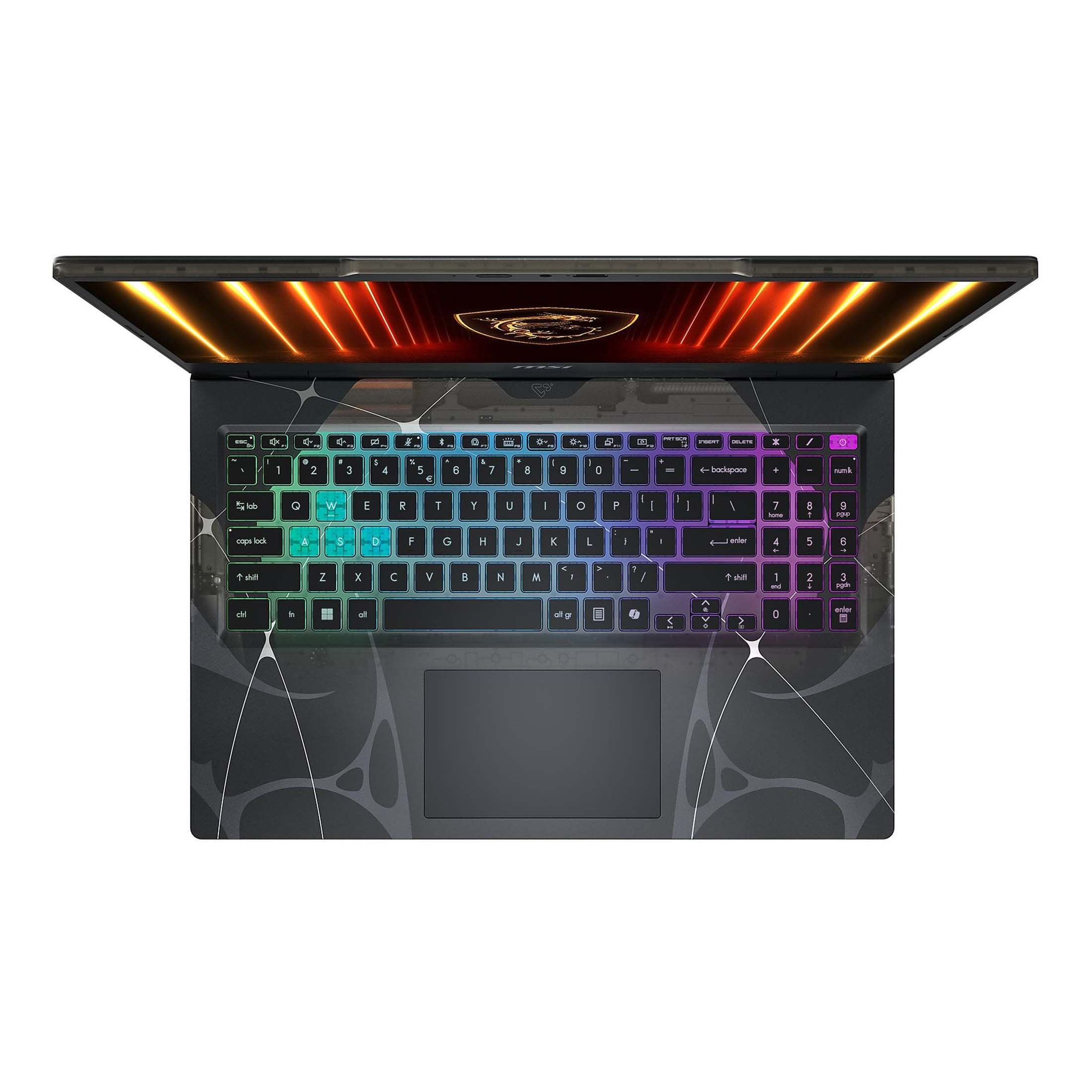 Ein geöffneter Laptop mit beleuchteter Tastatur und einem Drachenlogo auf dem Bildschirm.