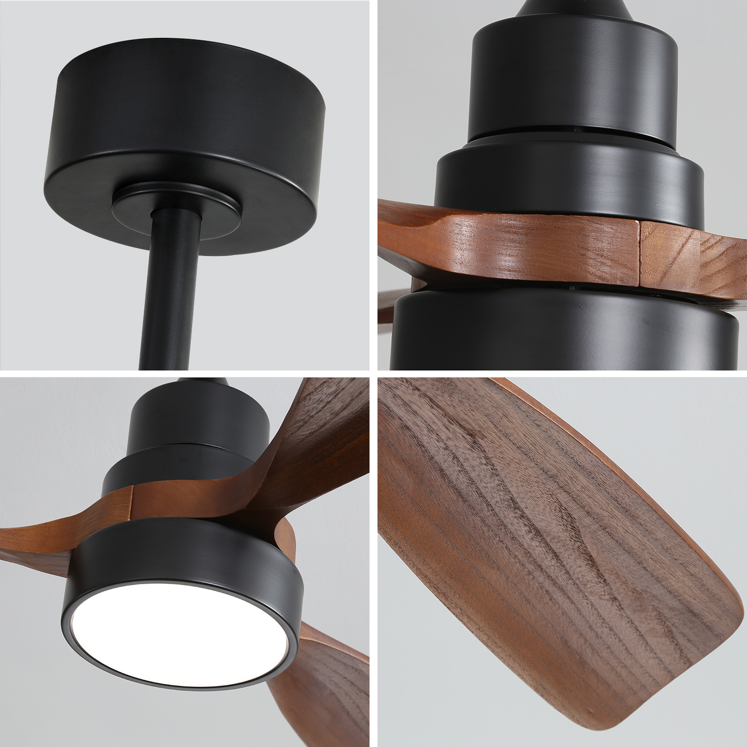 Ein Deckenventilator mit schwarzen und Holzdetails, mit integrierter Beleuchtung.