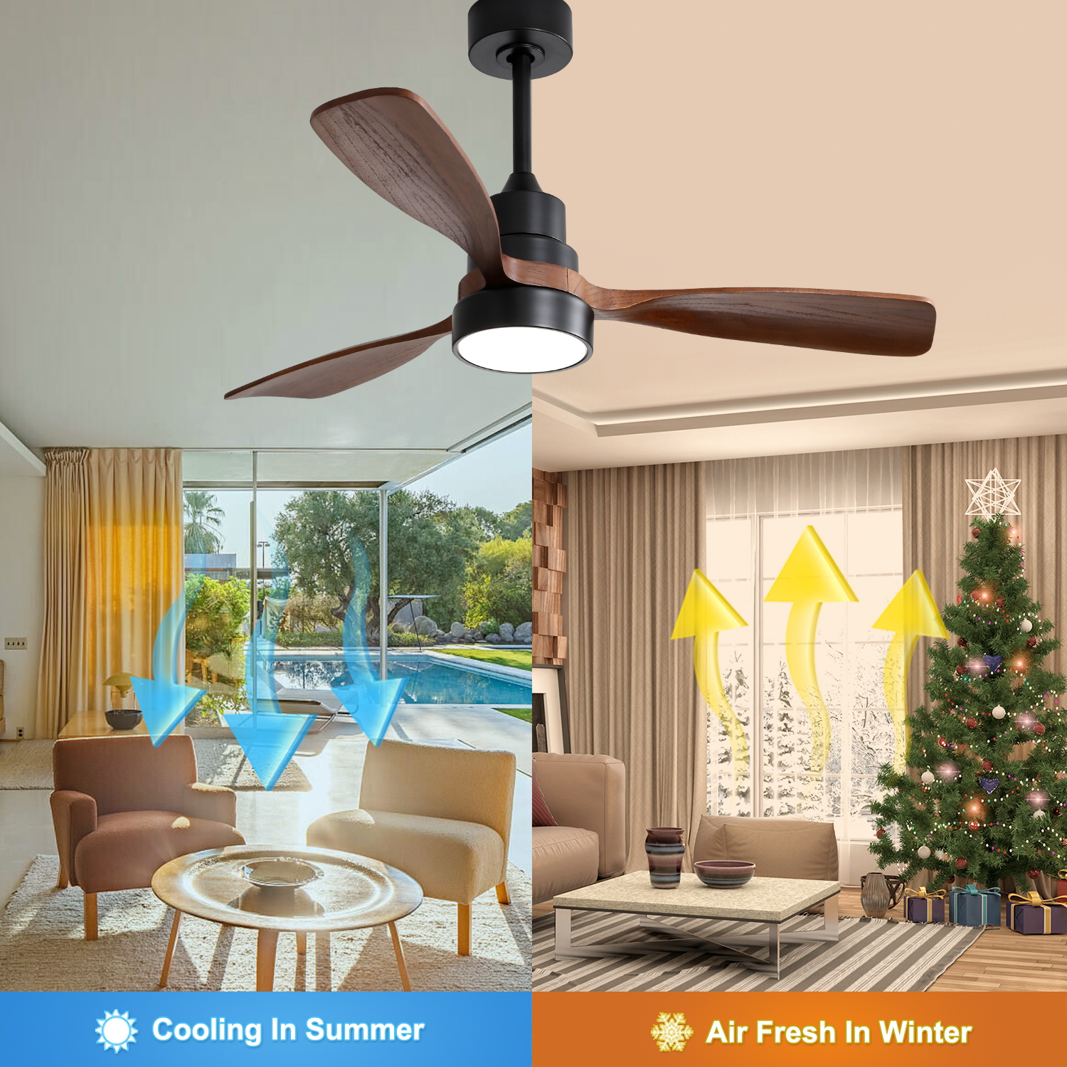 Deckenventilator mit Holzblättern, Sommerkühlung und Wintererwärmung.
