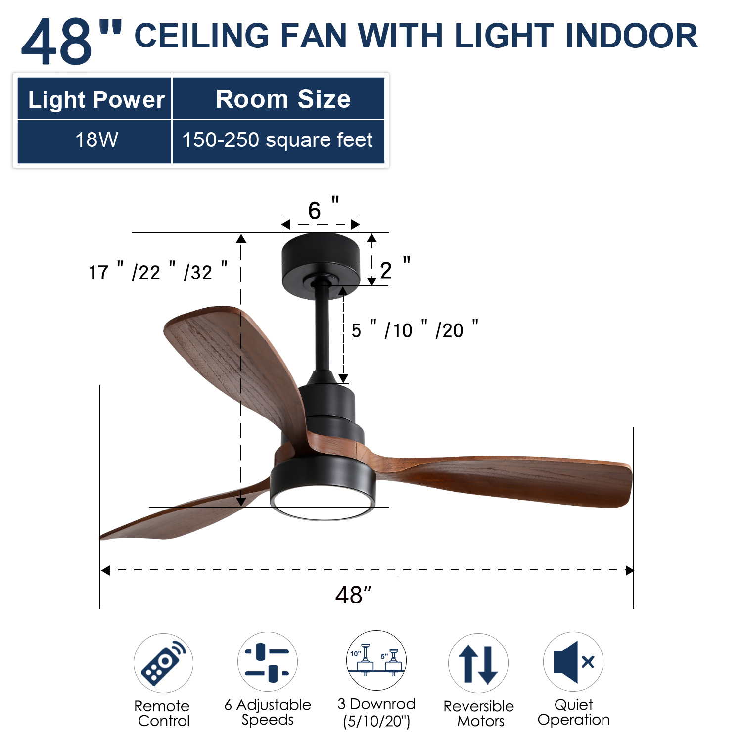 48-Zoll-Deckenventilator mit Licht, schwarz und Holz, mit Maßen.
