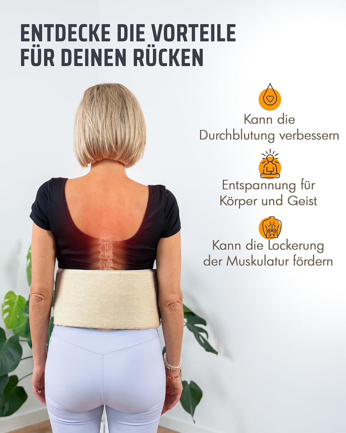 Frau mit Rückenbandage, Vorteile für den Rücken werden gezeigt.