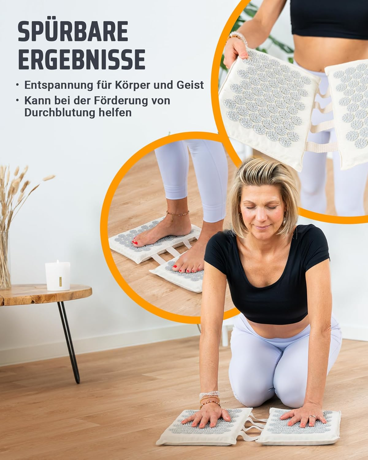 Frau kniet auf Akupressurmatten. Text: Spürbare Ergebnisse. Entspannung für Körper und Geist.